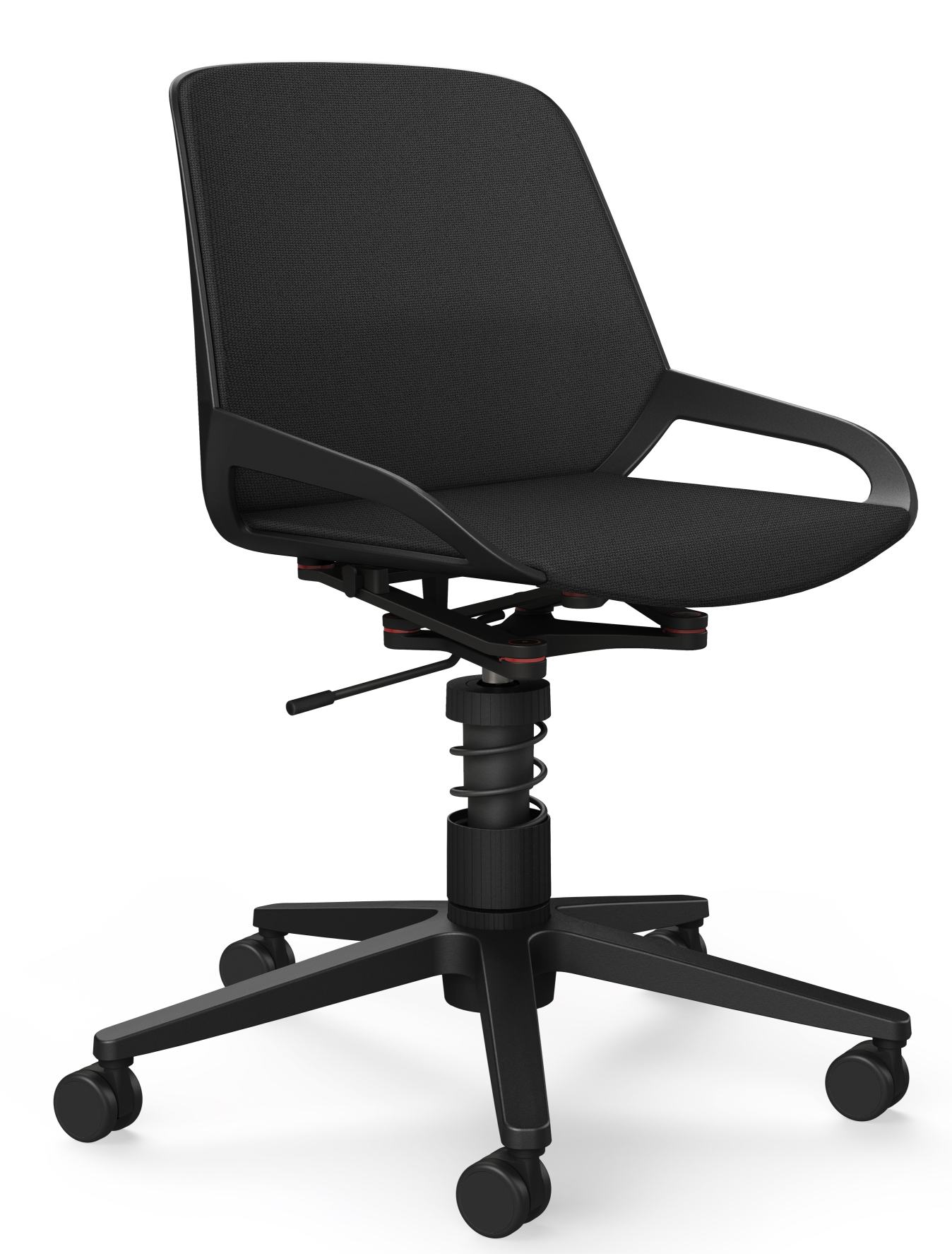 Schwarzer Numo Task Bürodrehstuhl von Aeris mit Federbein und Rollen, ergonomisch und modern für das Büro.