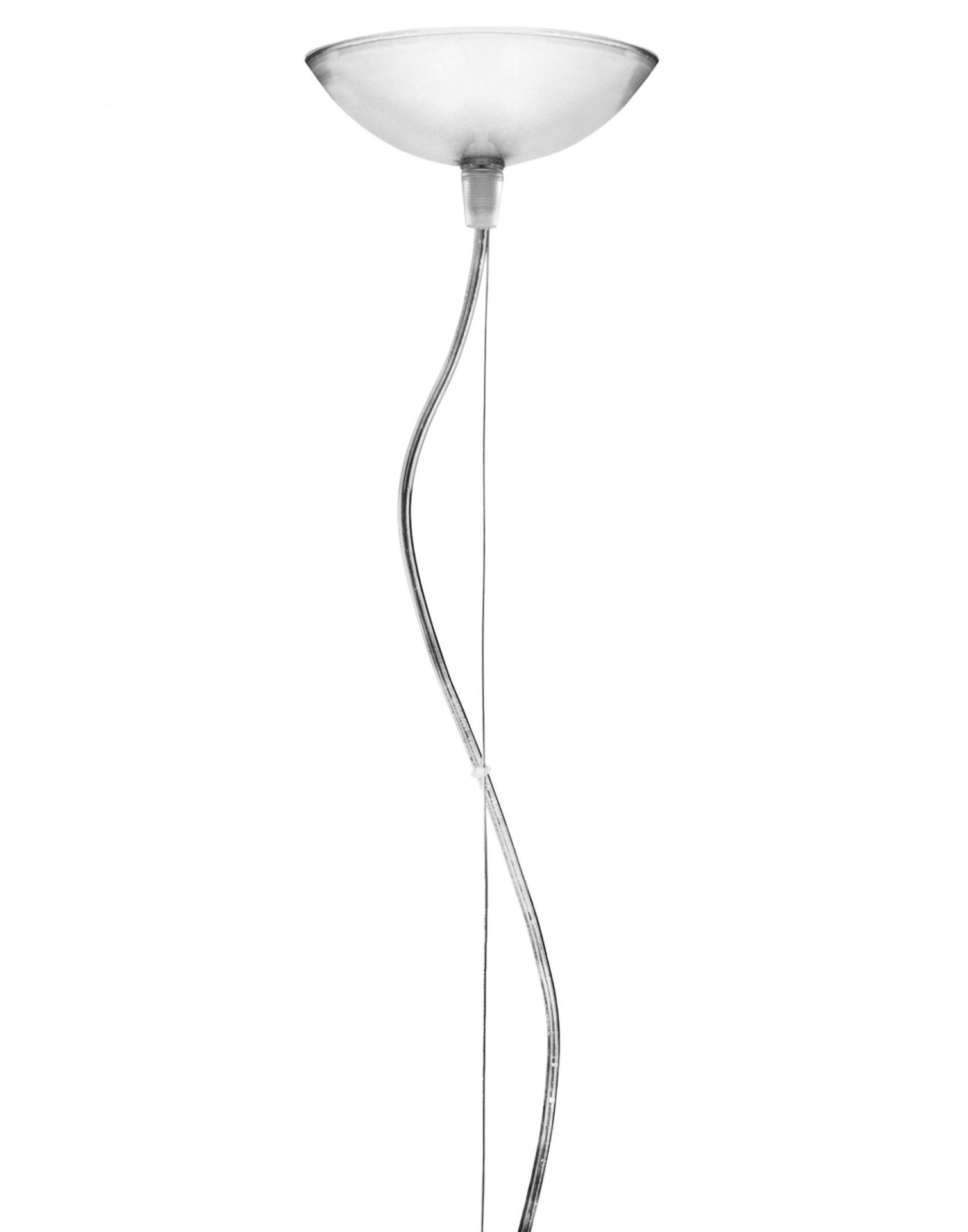 Big Fly FL/Y Pendelleuchte von Kartell, moderne Hängelampe mit transparentem Lampenschirm und Kabelaufhängung.