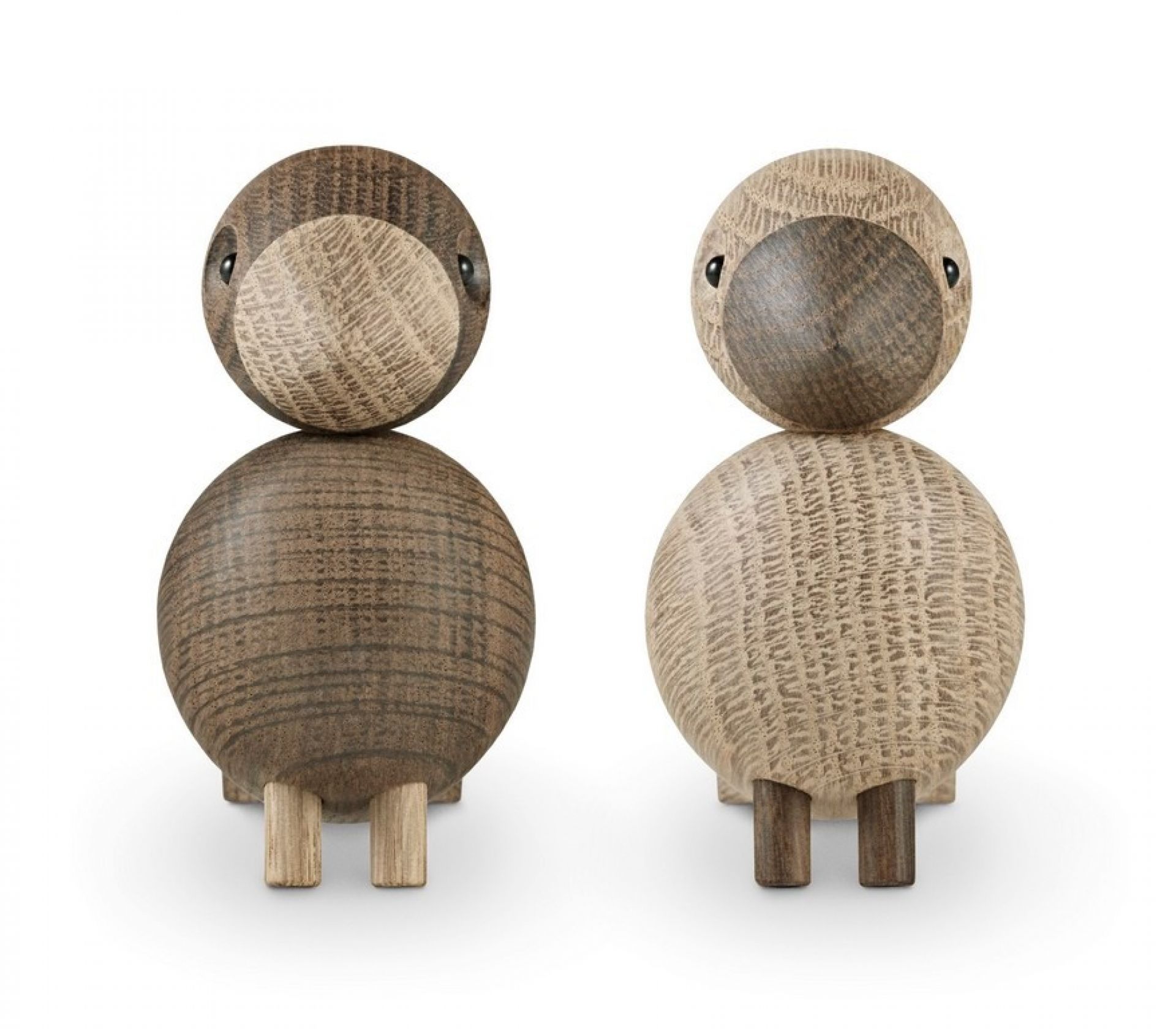 Kay Bojesen Lovebirds: Zwei unzertrennliche Holzfiguren, helles und dunkles Holz, dekorative Vogelfiguren für Paare.