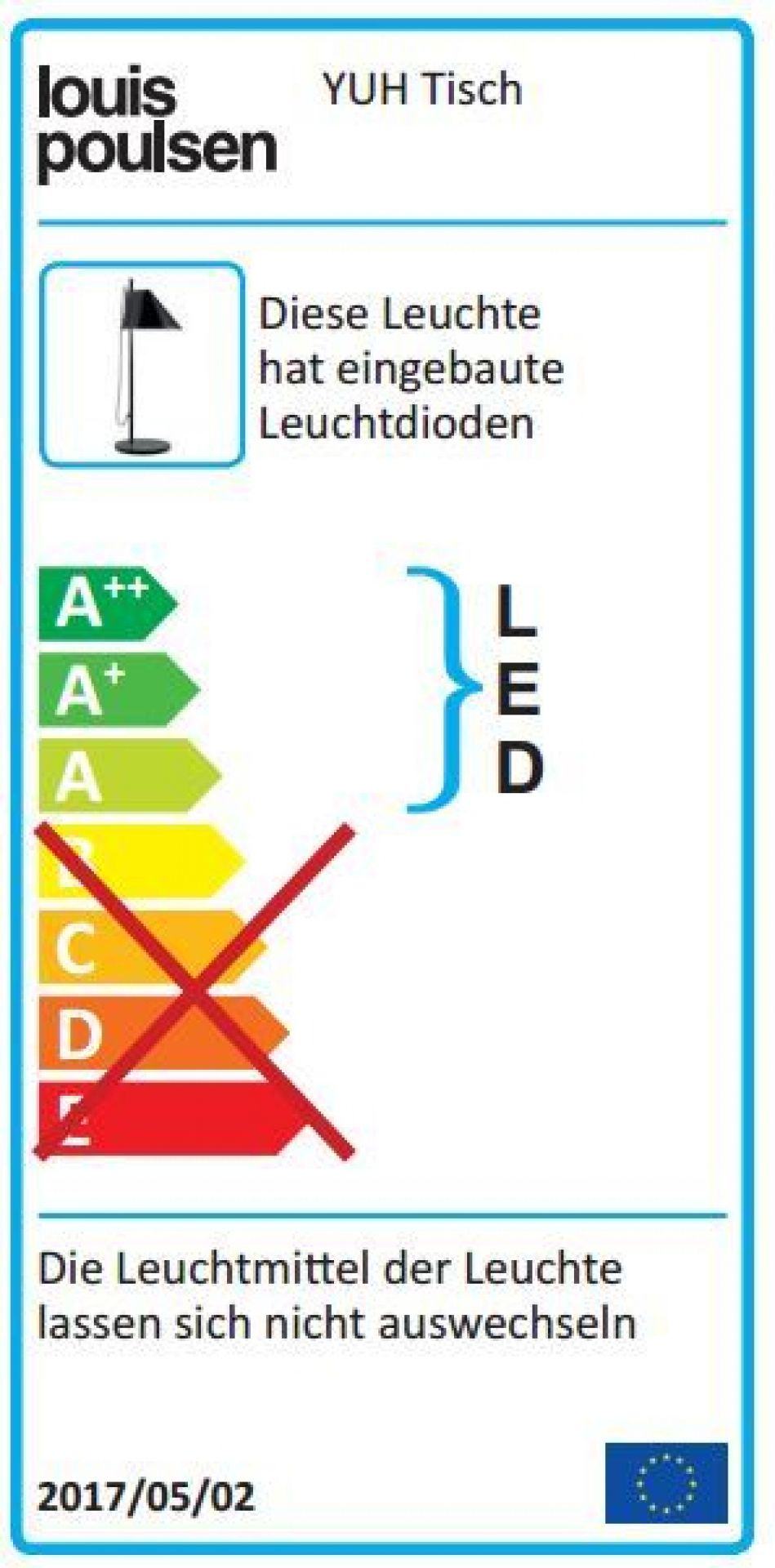 Energielabel der Yuh LED Tischleuchte von Louis Poulsen mit Energieeffizienzklasse A bis A++.