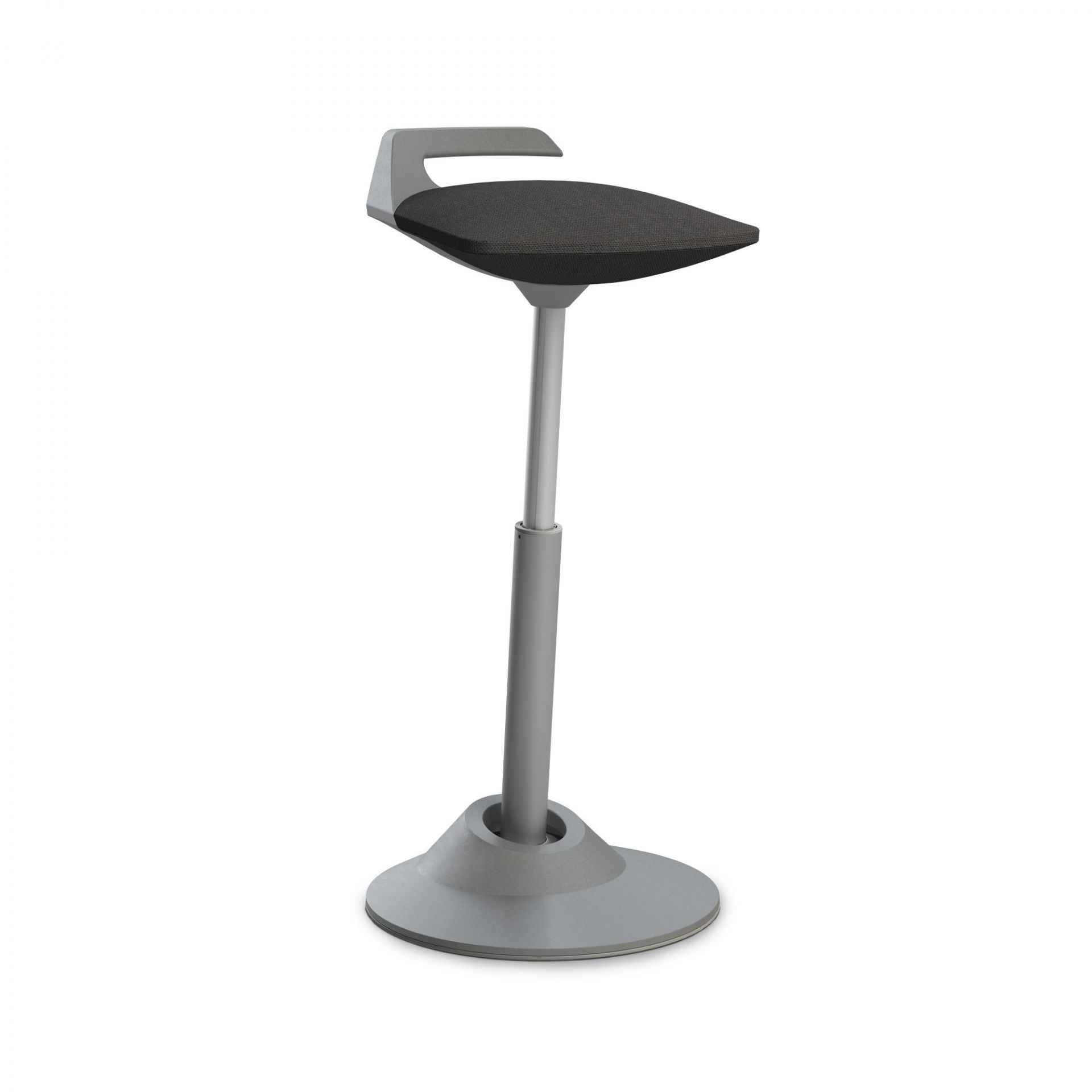 Muvman Stehhocker: Grauer, höhenverstellbarer Sitzhocker mit schwarzem Sitzpolster für ergonomisches Sitzen und Stehen.