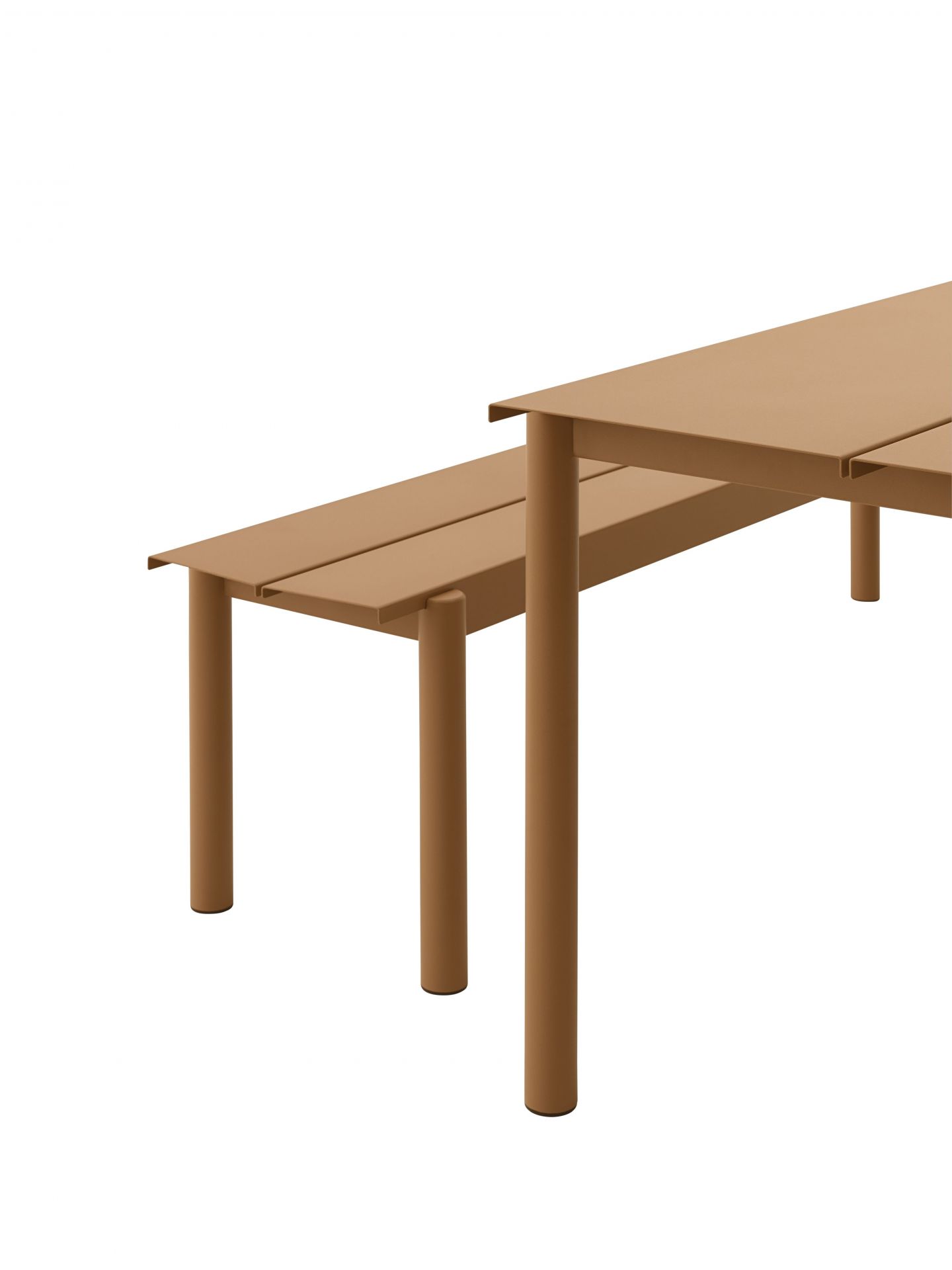 Muuto Linear Steel Bench Outdoor Bank in Braun, moderne Gartenbank aus Stahl für den Außenbereich.