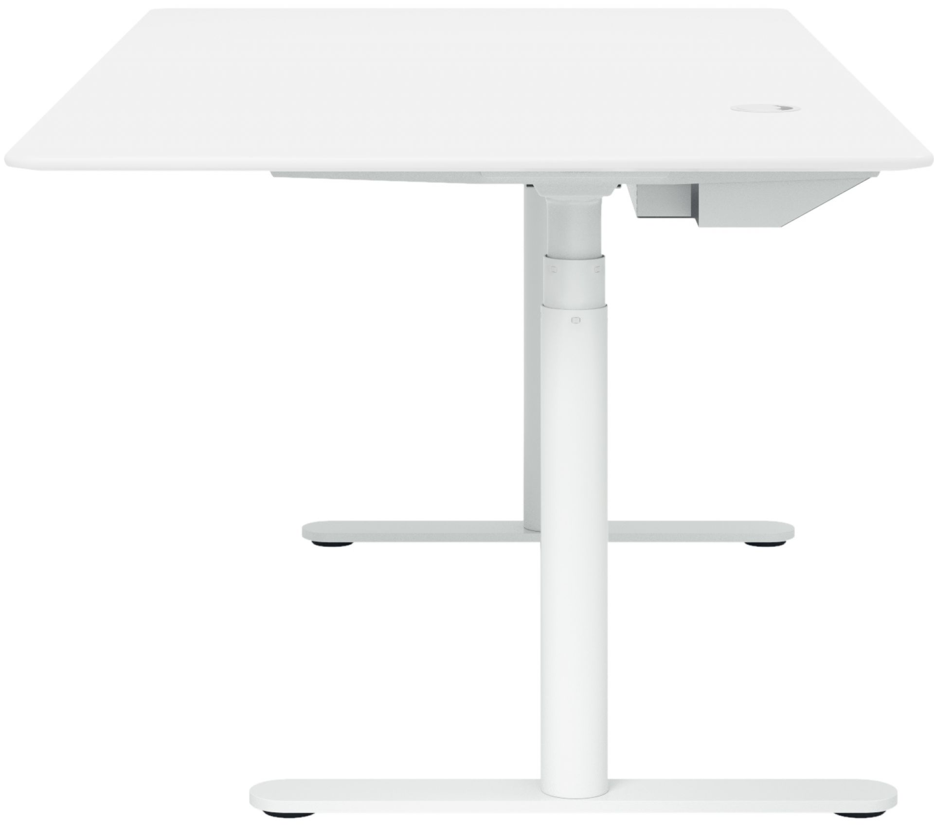 Weißer Hilow höhenverstellbarer Tisch mit Montana Tischplatte, ideal für ergonomisches Arbeiten im Büro.