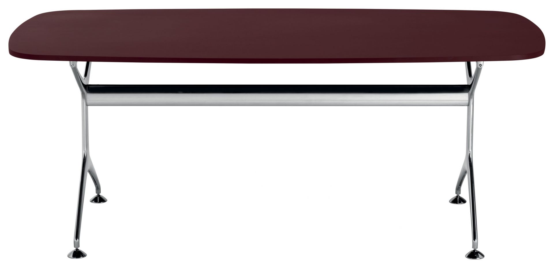 Frametable Tisch Alias: Moderner Esstisch mit bordeauxroter Tischplatte und verchromtem Metallgestell für Esszimmer und Büro.