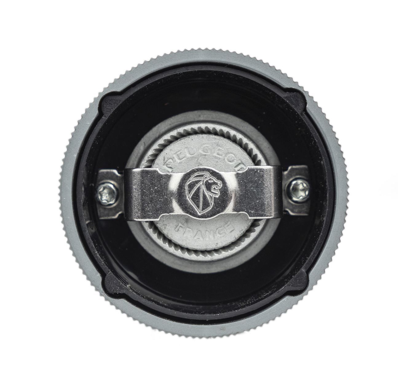 Detailaufnahme des Mahlwerks der Peugeot Line Pfeffermühle H 12 cm in Graphit & Carbon.