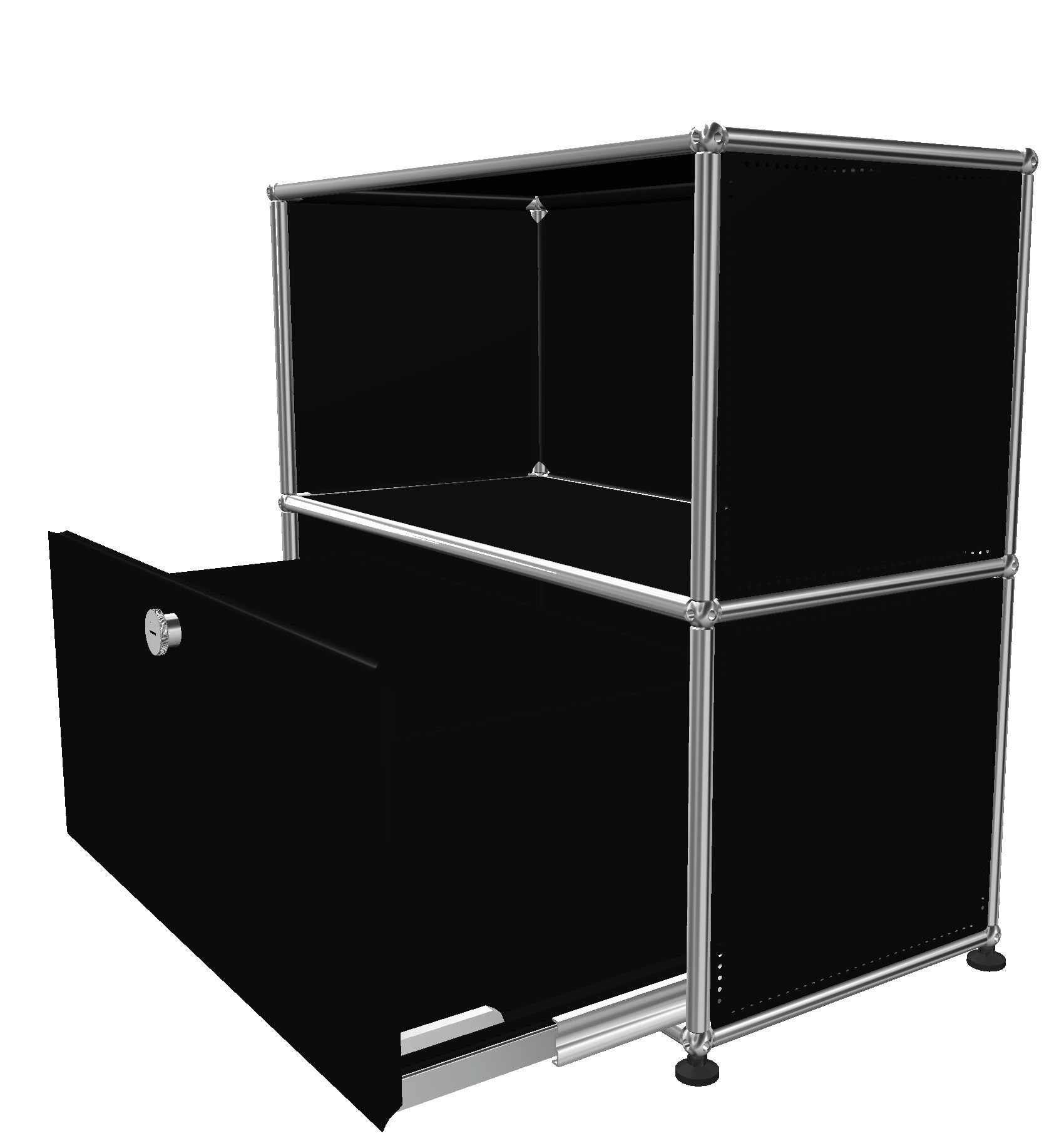 USM Haller Sideboard in Graphitschwarz mit offener Ablage und Schublade, modernes modulares Möbeldesign.