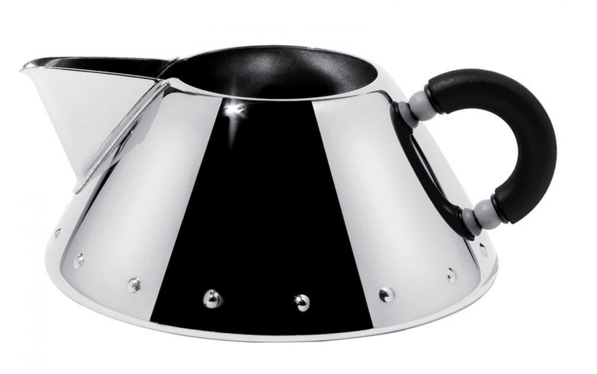 Alessi Rahmkännchen 9096 B aus glänzendem Edelstahl mit schwarzem Griff, modernes Design für Milchkännchen.