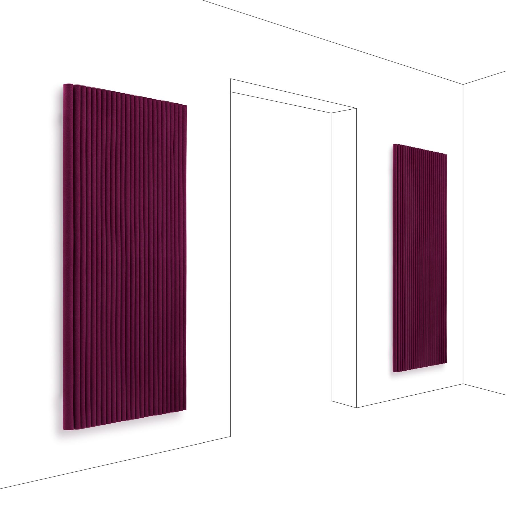 Welle Wandmodul von Hey-Sign in Lila, vertikal an einer weißen Wand montiert, Schallschutz und Design.