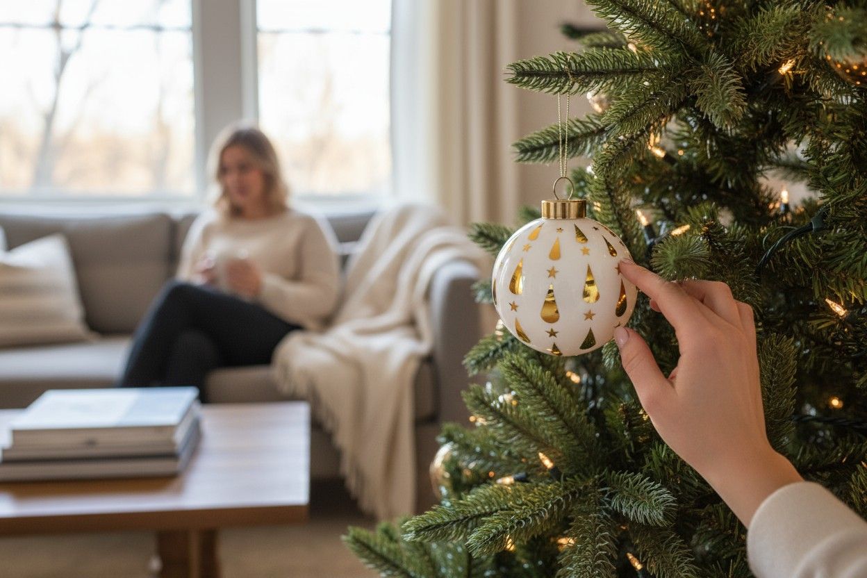Nahaufnahme einer Alessi Weihnachtskugel mit goldenen Sternen und Tropfen am Weihnachtsbaum.