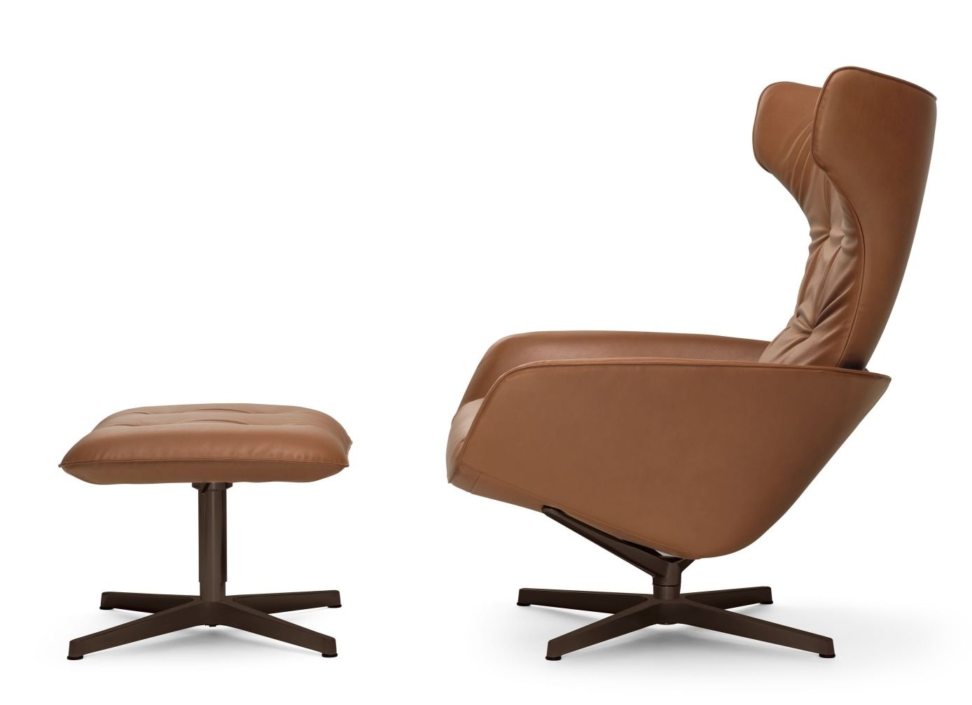 Onsa Chair Sessel von Walter Knoll mit Hocker, Leder braun, Drehfuß, modernes Design.