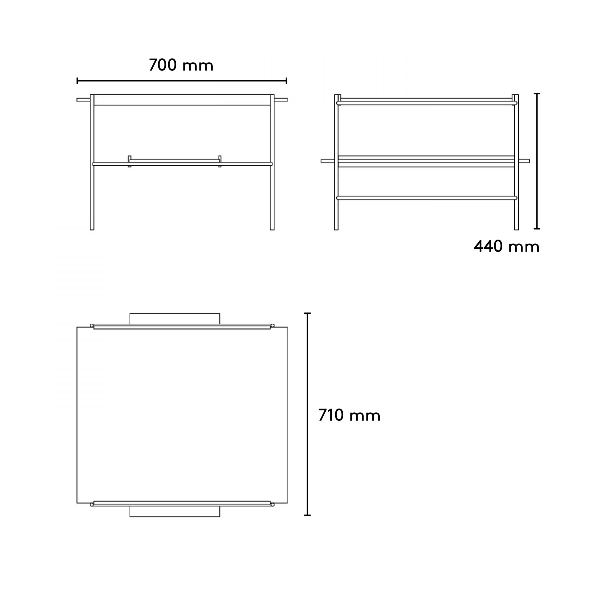 Technische Zeichnung des Kanso Coffee Table Couchtisch von Please Wait to be seated mit Maßangaben.