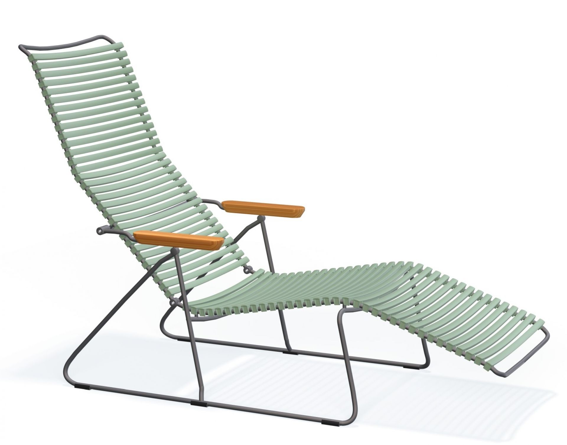 Click Sunlounger Sonnenliege: Moderne Outdoor Liege in Dunkelgrau mit hellgrünen Lamellen und Armlehnen aus Holz.