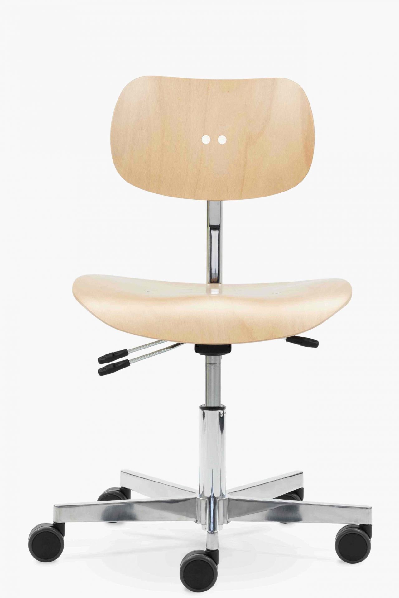 S 197 R20 Drehstuhl von Wilde+Spieth, ergonomischer Bürostuhl mit Rollen und verstellbarer Sitzhöhe, Holz hell.
