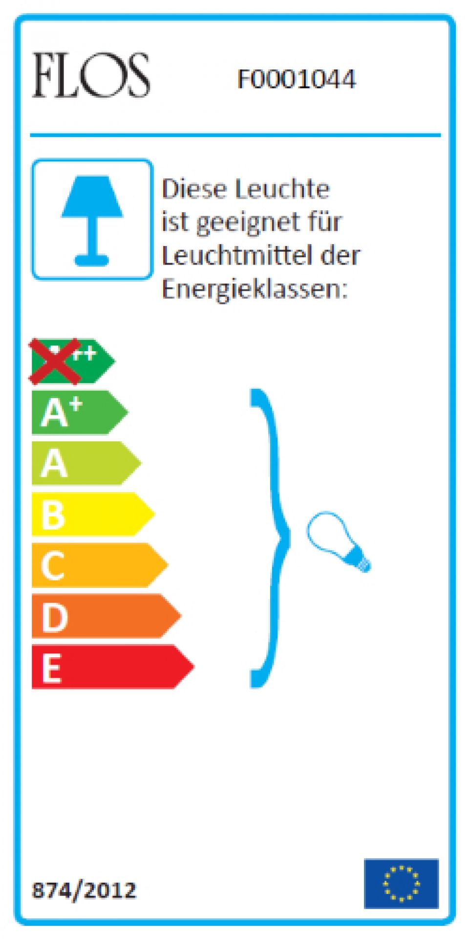 Energieeffizienzlabel der Flos Skygarden Pendelleuchte, das die Energieeffizienzklasse und weitere Details zur Lampe zeigt.