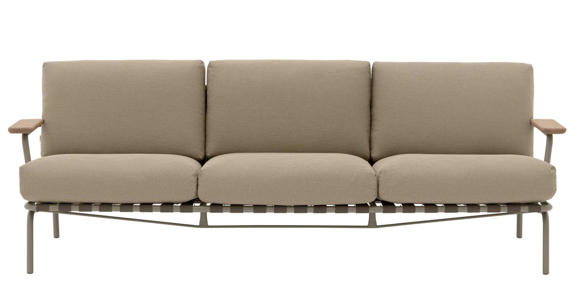 Muuto Settle Outdoor Sofa, 3-Sitzer, beige Textilbezug, modernes Design für Garten und Terrasse.