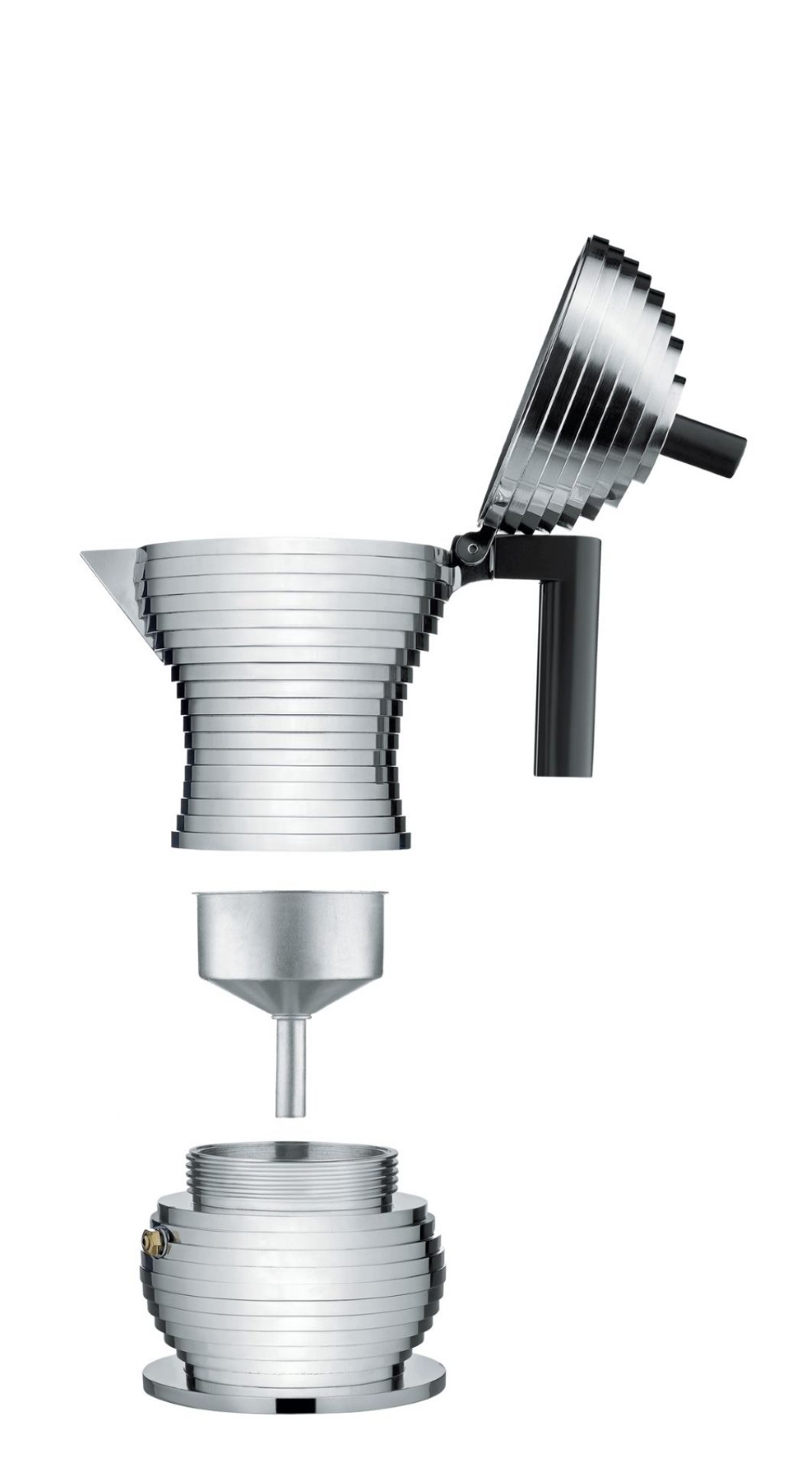 MDL02 Alessi Pulcina Espressokocher, zerlegt in Einzelteile, für die Zubereitung von aromatischem Espresso.