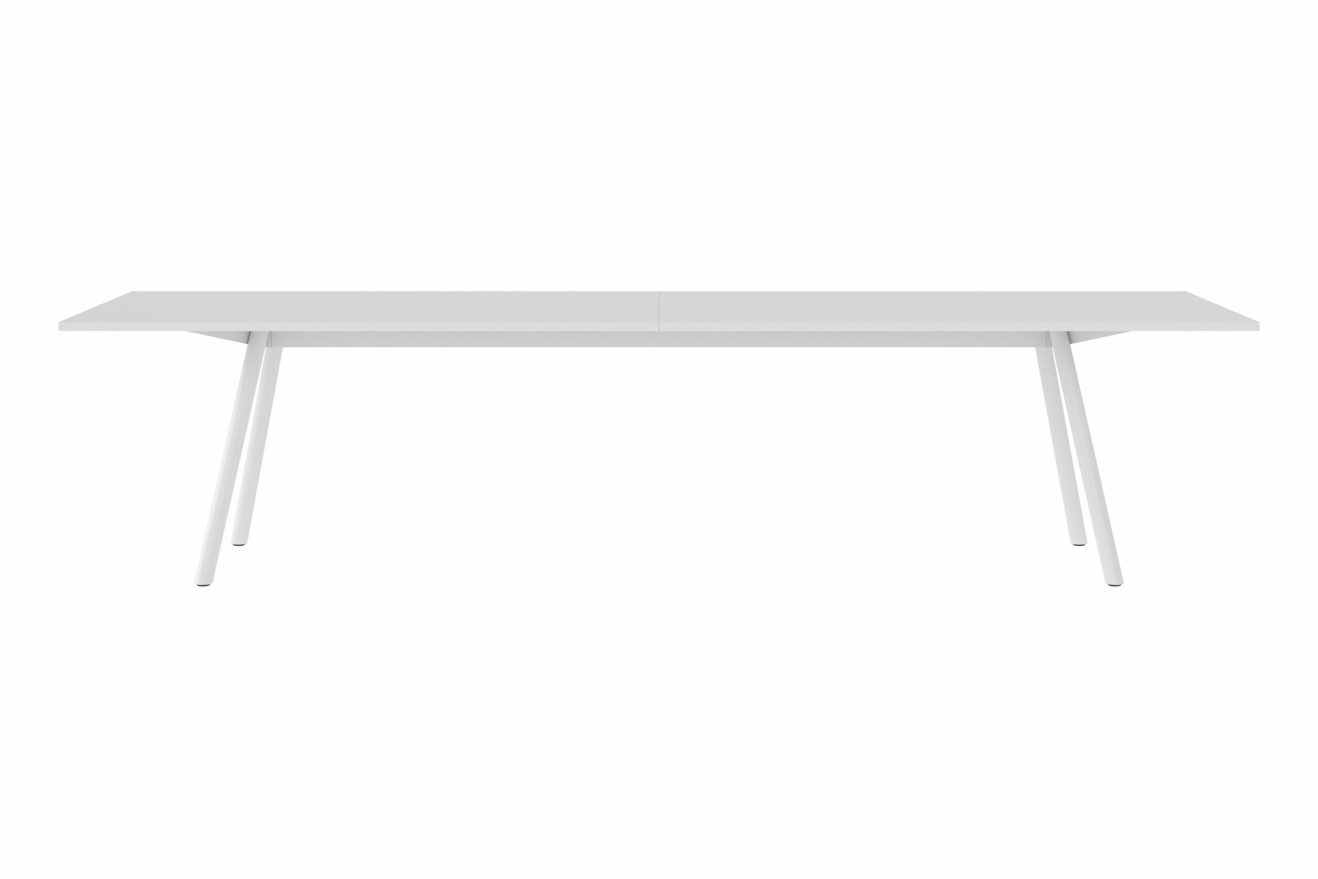 New Tendency Masa Tischplatte, weißer Esstisch mit minimalistischem Design und schrägen Tischbeinen.