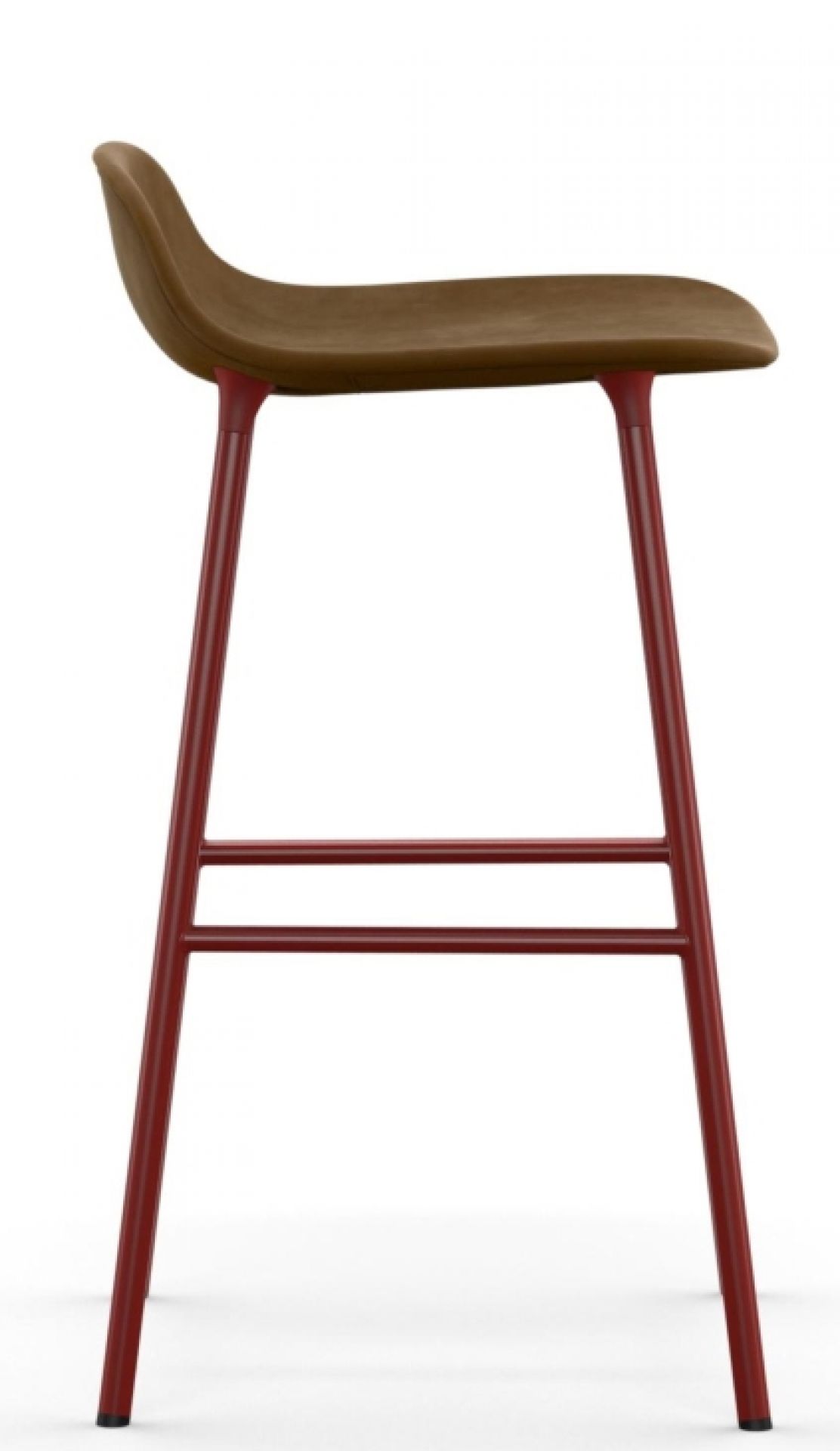 Normann Copenhagen Form Barhocker, Höhe 65 cm, mit braunem, gepolstertem Sitz und rotem Stahlgestell.