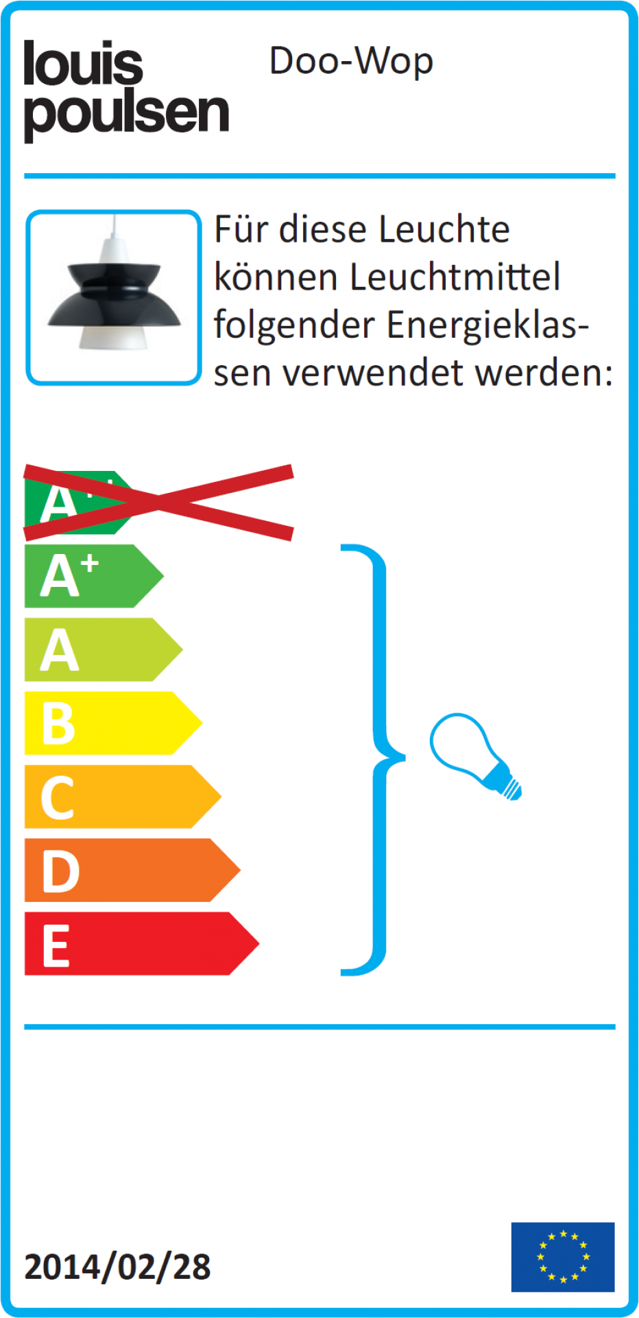 Doo-Wop Pendelleuchte Energieeffizienzlabel mit Energieklassen von A+ bis E für den Lampen-Verbrauch.
