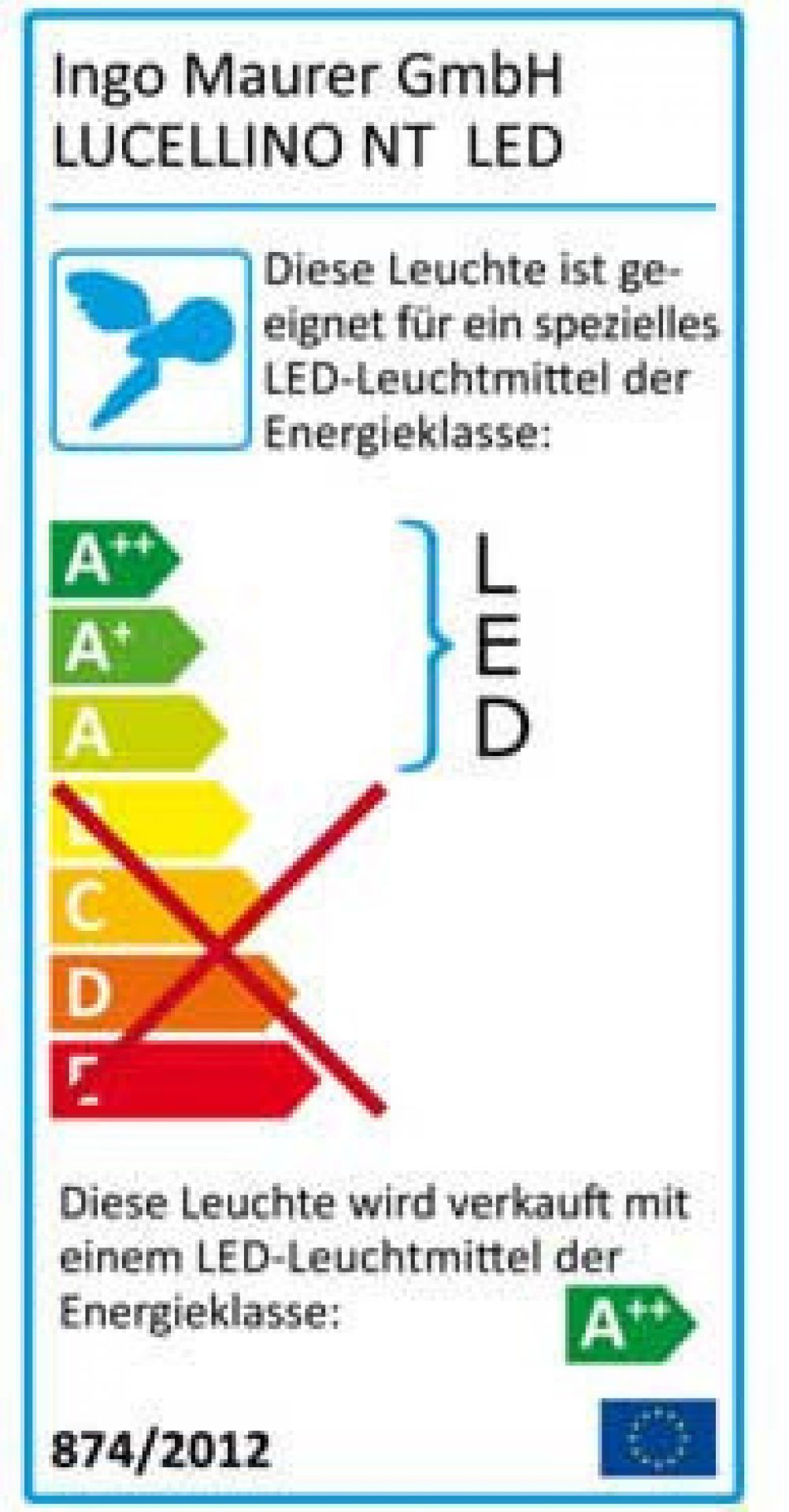 Energielabel der Ingo Maurer Lucellino NT LED Wandleuchte mit Energieeffizienzklasse A++. Dekorative Designleuchte für Wandmontage.