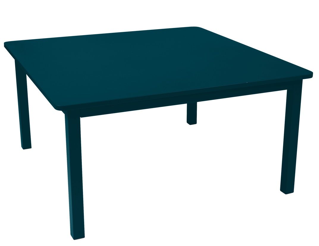 Blauer Fermob Craft Tisch für den Außenbereich, quadratisch, mit minimalistischem Design und vier Beinen.