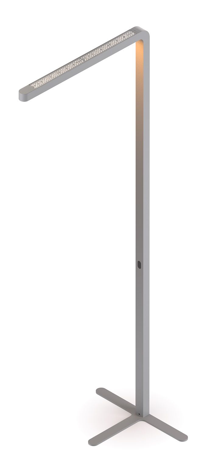 Team Agile Stehleuchte in Grau: Moderne LED-Stehlampe mit minimalistischem Design und X-förmigem Fuß.