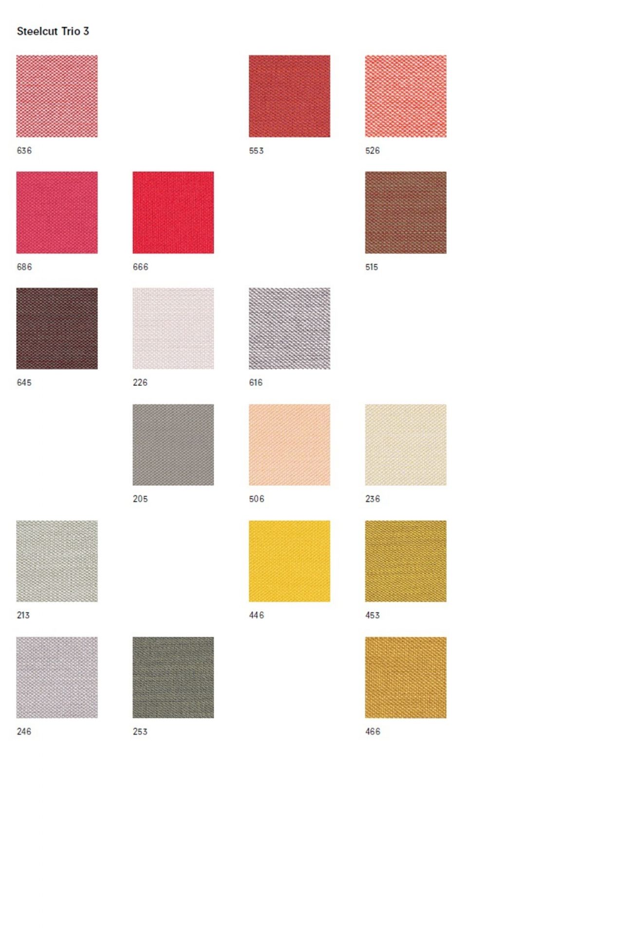 Stoffmusterkarte Steelcut Trio von Kvadrat mit verschiedenen Farbvarianten und Nummern für Polsterstoffe.