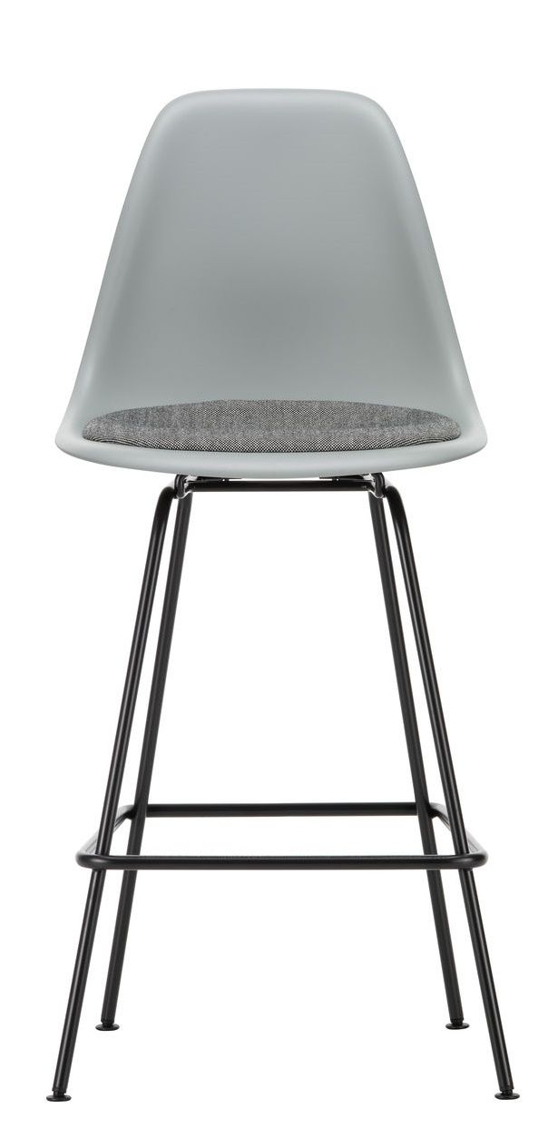 Eames Barhocker von Vitra, hellgraue Sitzschale mit grauem Sitzpolster und schwarzem Metallgestell.