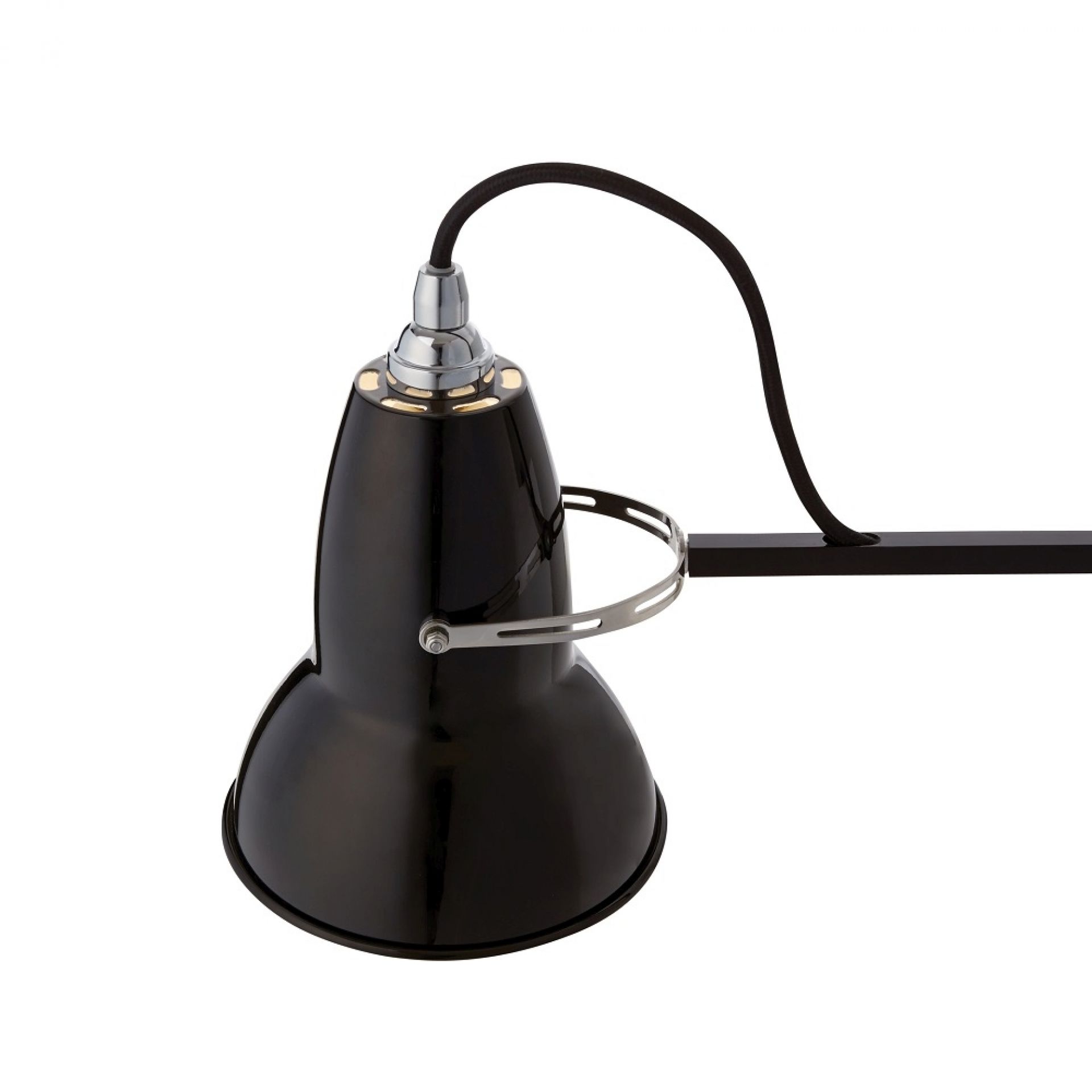 Detailaufnahme der schwarzen Anglepoise Original 1227 Stehleuchte mit verstellbarem Lampenschirm und Textilkabel.