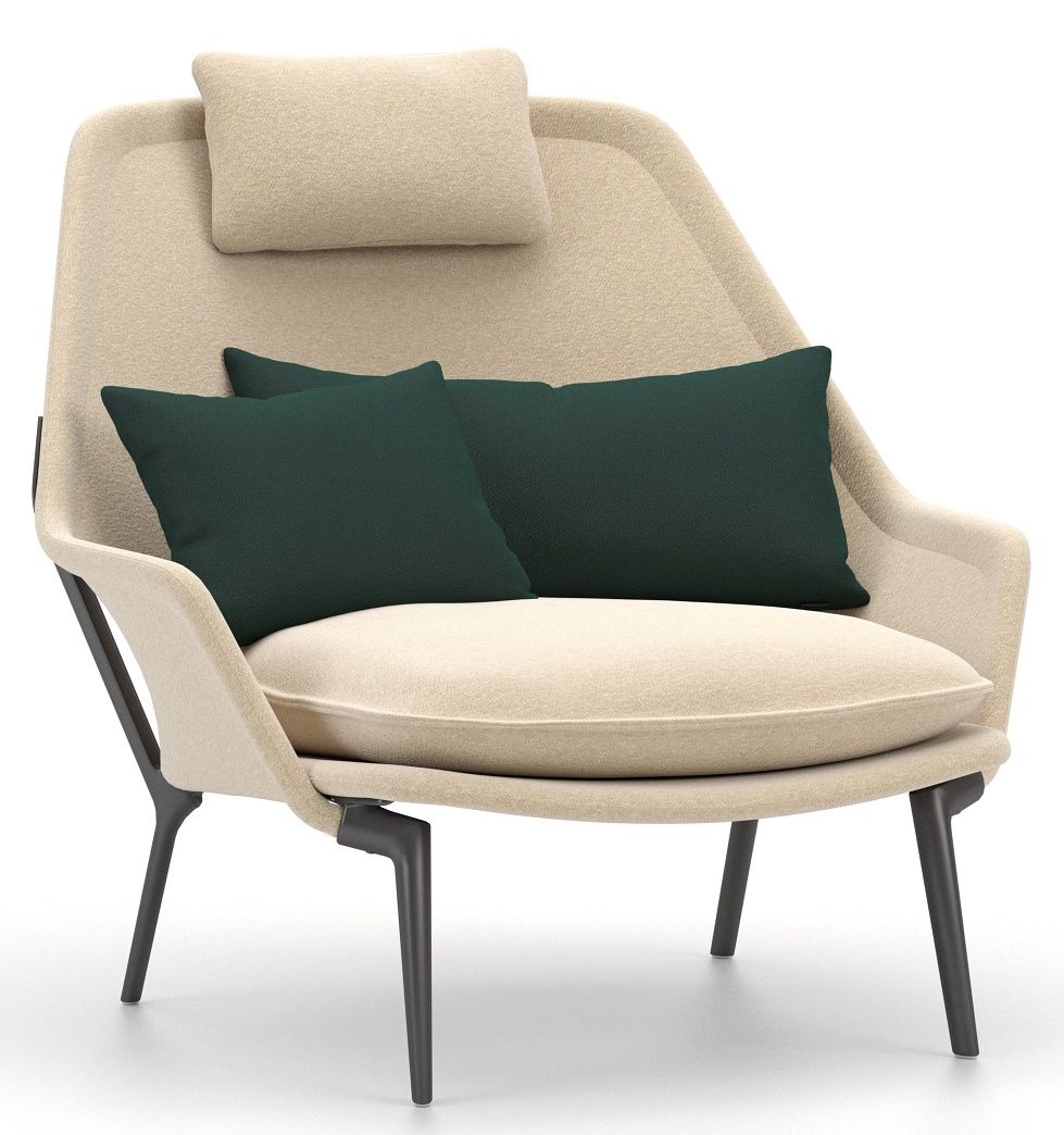 Vitra Slow Chair Sessel mit Stoffbezug in Beige und dunkelgrünen Kissen, seitliche Ansicht.