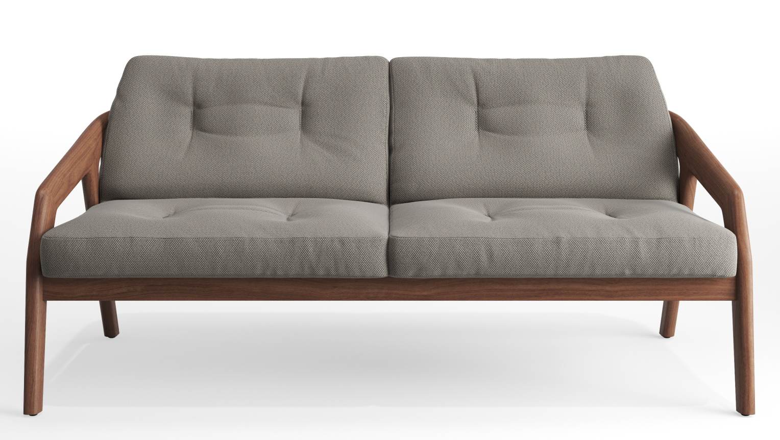 Friday 2 Sofa 2-Sitzer Zeitraum mit grauem Stoffbezug und dunklem Holzrahmen, modernes Design für Wohnzimmer.