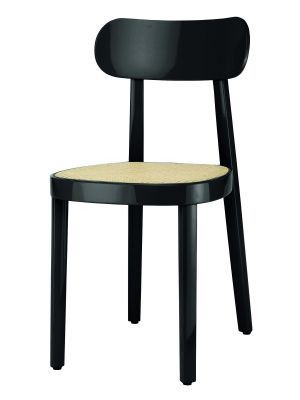 Schwarzer Holzstuhl 118 von Thonet mit Wiener Geflecht Sitzfläche, Hochglanzlackierung. Designklassiker für Esszimmer und Wohnbereich.