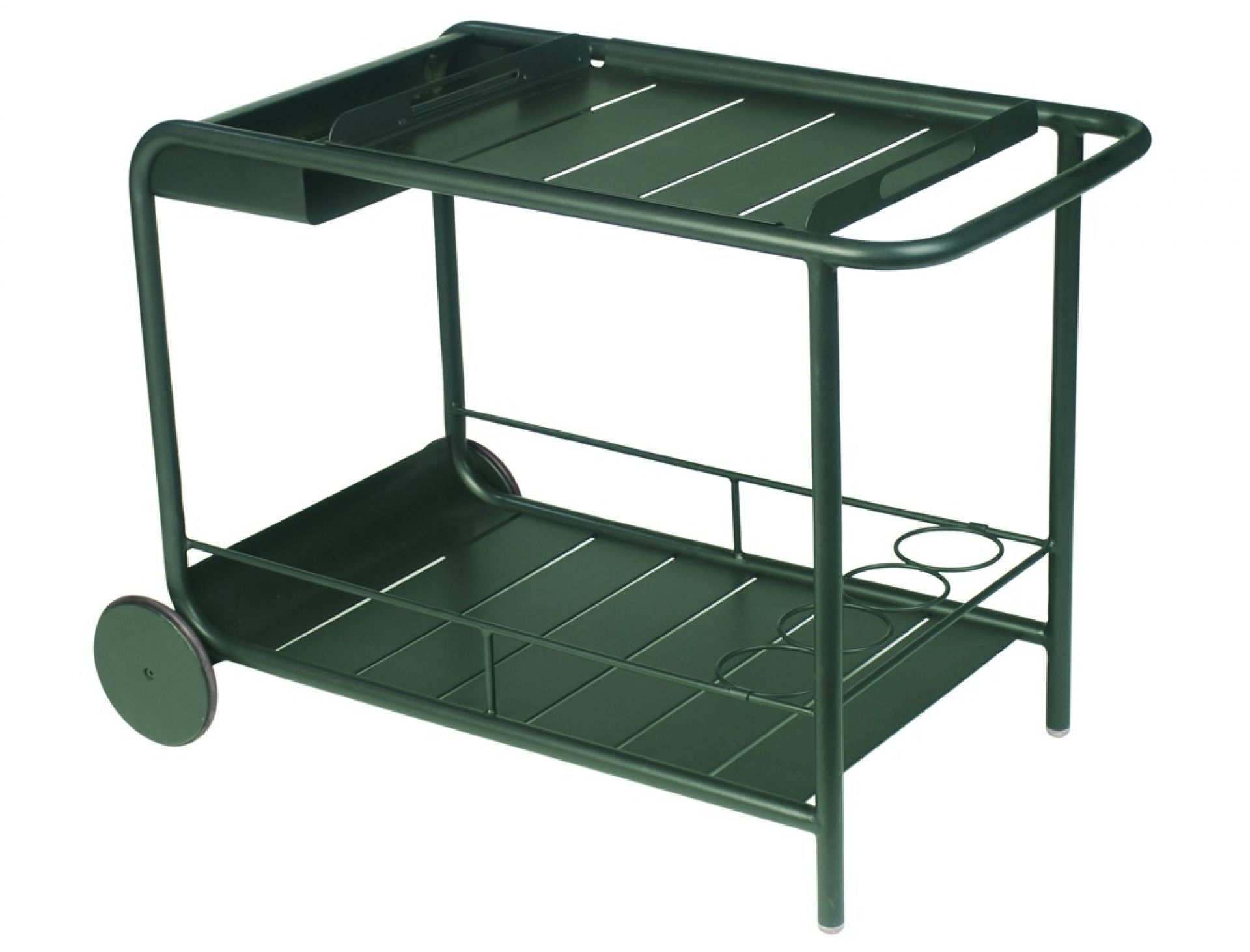 Opalgrüner Fermob Servierwagen für den Outdoor-Bereich mit zwei Ablageflächen und Rollen.