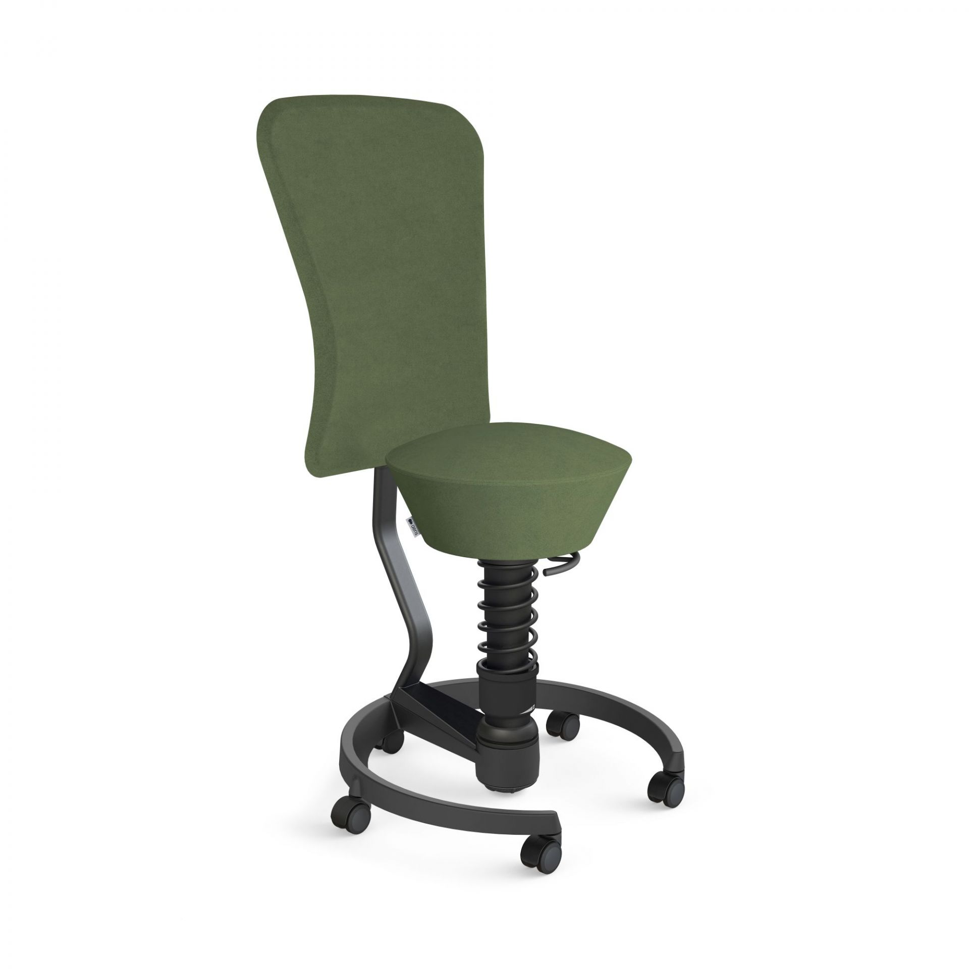 Grüner Swopper Bürostuhl mit Rückenlehne, dynamisches Sitzen, ergonomisch, mit Rollen und Federung.