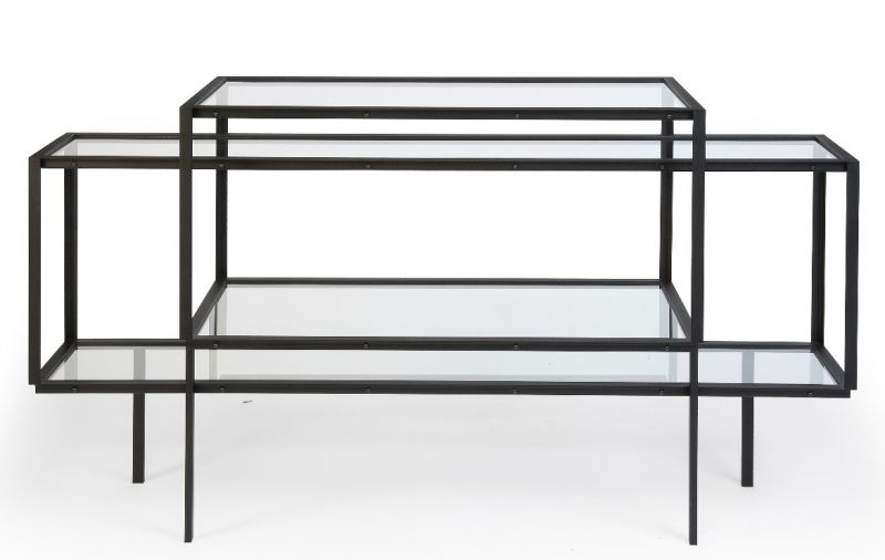 Tangled Kabinettschrank Sideboard Spectrum mit Glasablagen und schwarzem Metallrahmen, modernes Wohnzimmermöbel.