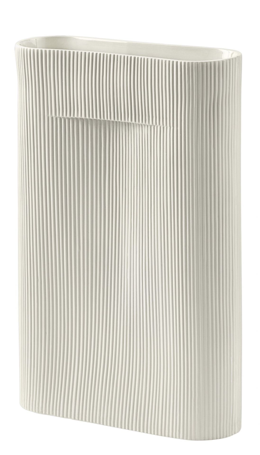 Off-white Ridge Vase mit vertikalen Rillen. Moderne Dekoration für Wohnzimmer und Tisch.