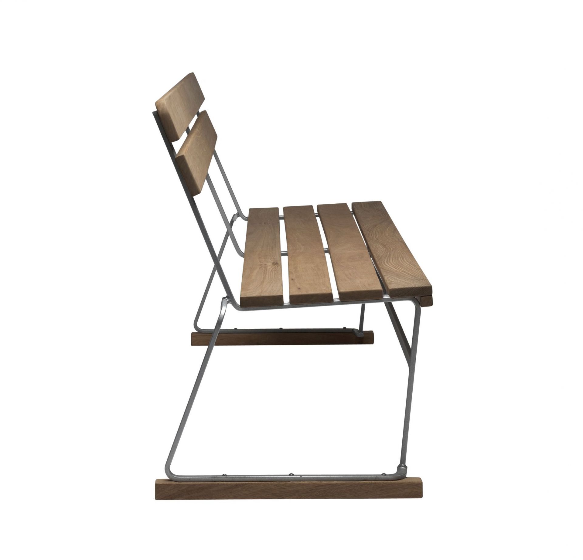 Grythyttan Stalmöbler Sofa Bank aus Eiche, Seitenansicht. Gartenbank mit Rückenlehne und Stahlgestell.