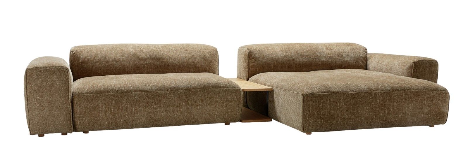 Seatlife Sofa: Modernes modulares Sofa in Braun mit integriertem Holztisch. Design Wohnzimmer Couch.