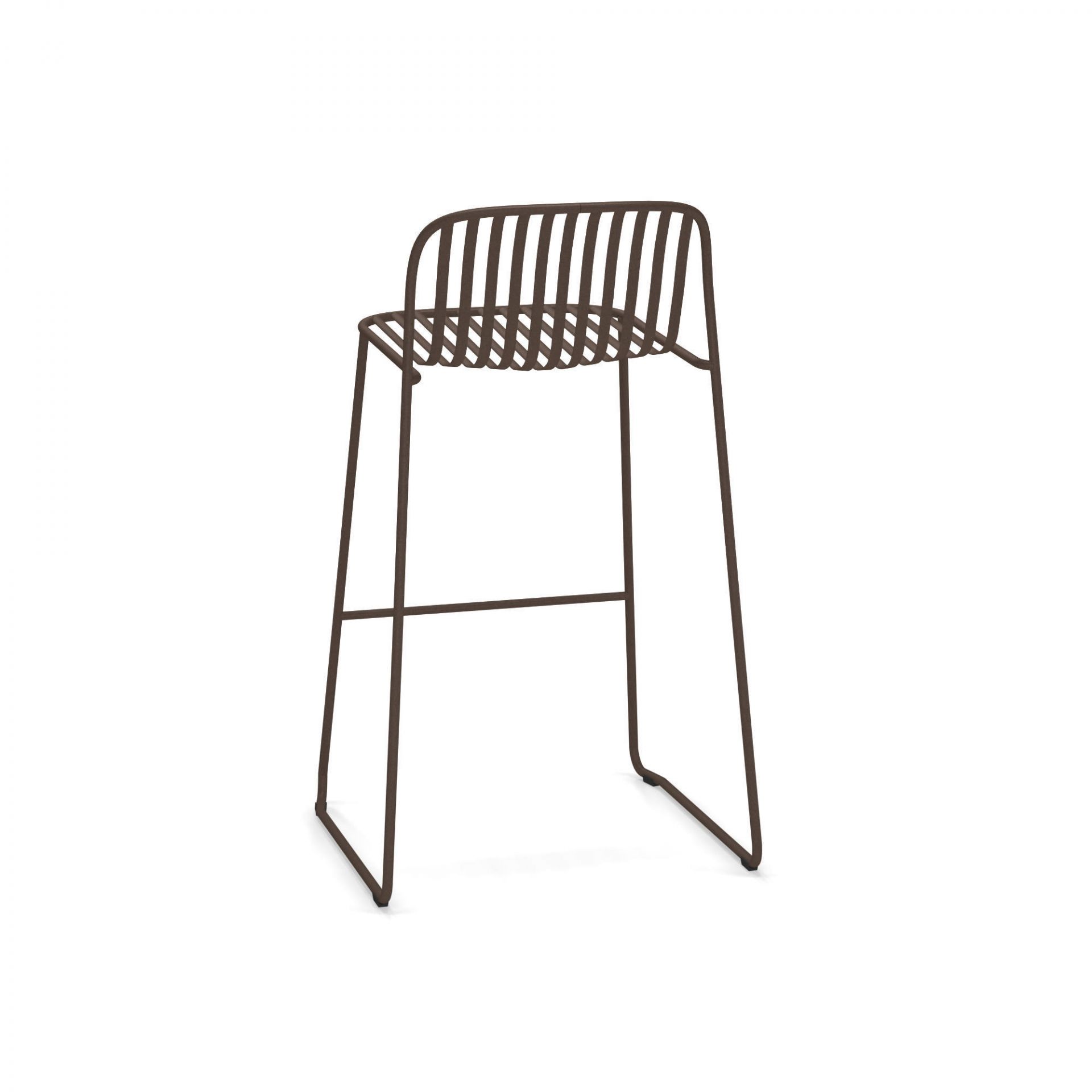 Riviera Barhocker von Emu, brauner Metall-Barstuhl für den Außenbereich, modernes Design mit Rückenlehne.