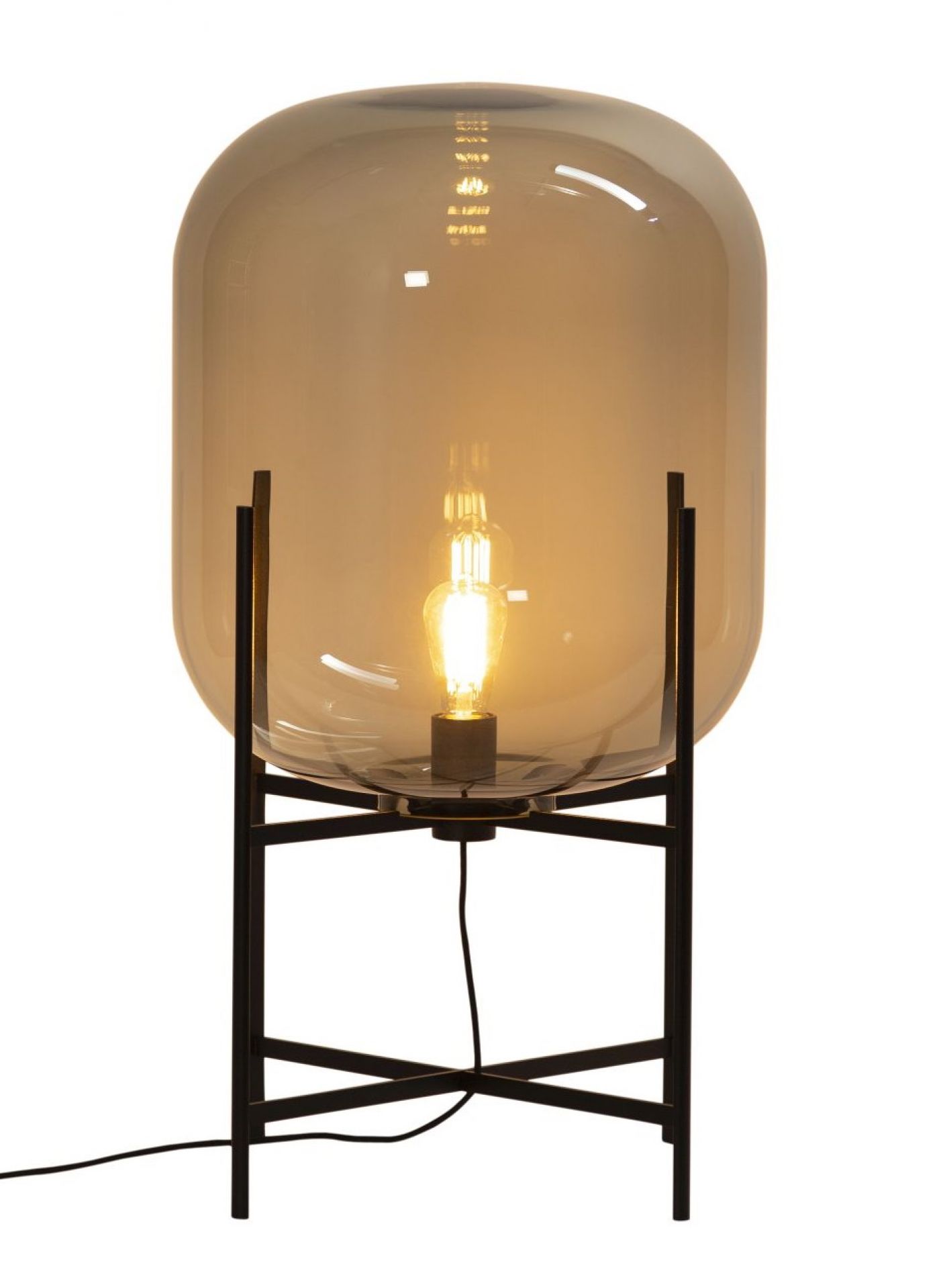 Oda Stehleuchte in Stahlgrau: Moderne Wohnzimmerlampe mit großem, getöntem Glas und Stahlgestell.