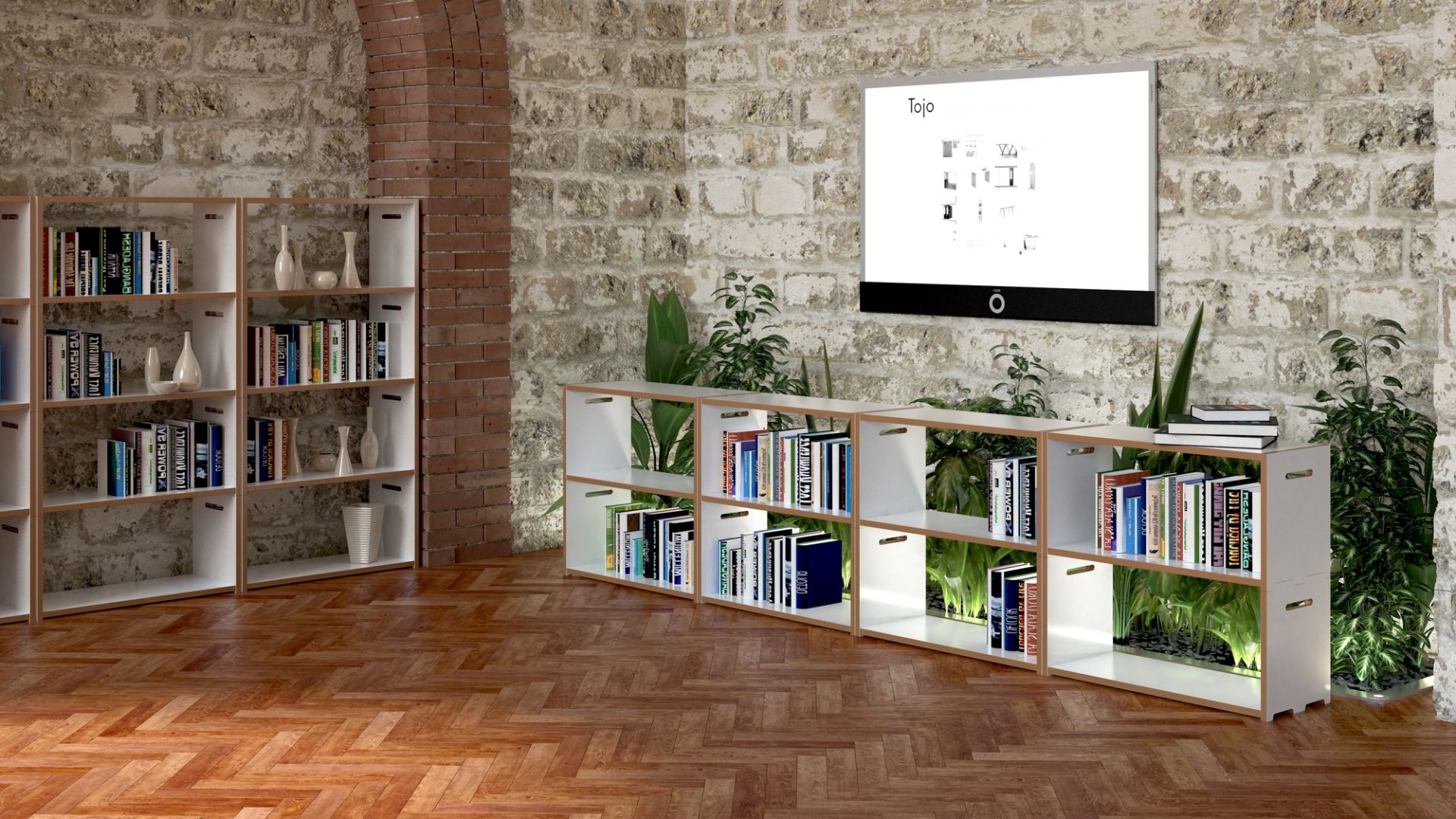 Tojo Hochstapler Regal Anbaumodul aus Holz und Weiß, flexibel und modern im Wohnzimmer.