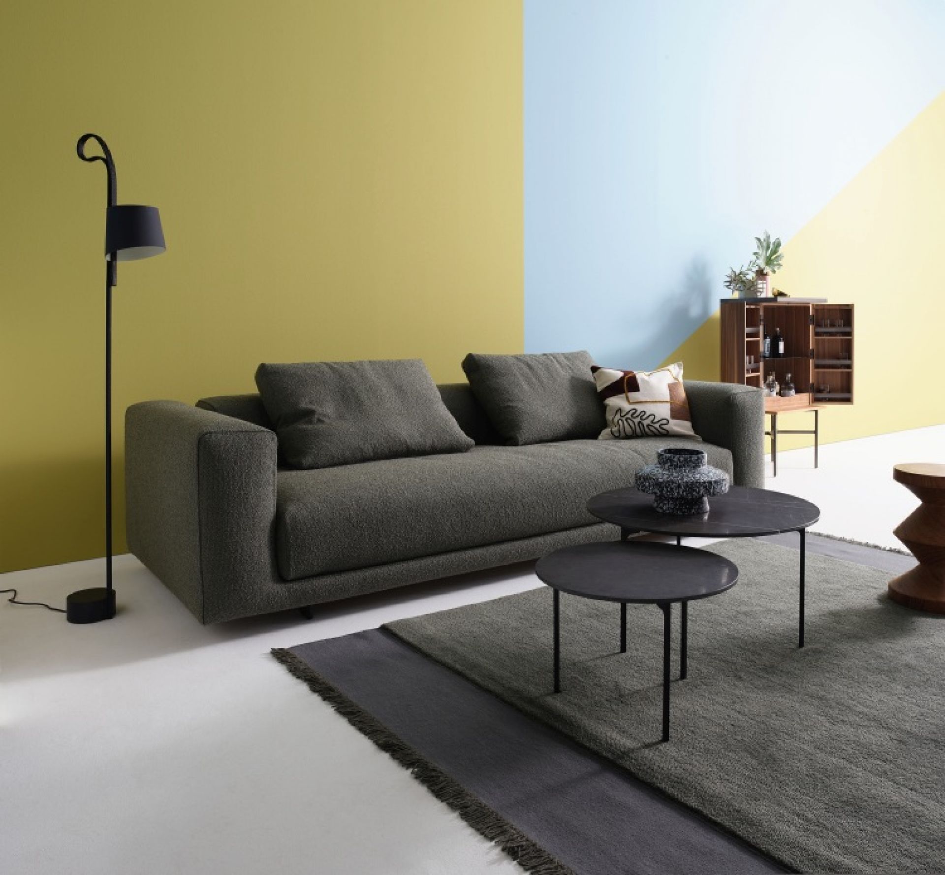 Moss Sofa von Cor, ein modernes Lounge Sofa in olivgrün mit zwei Kissen.