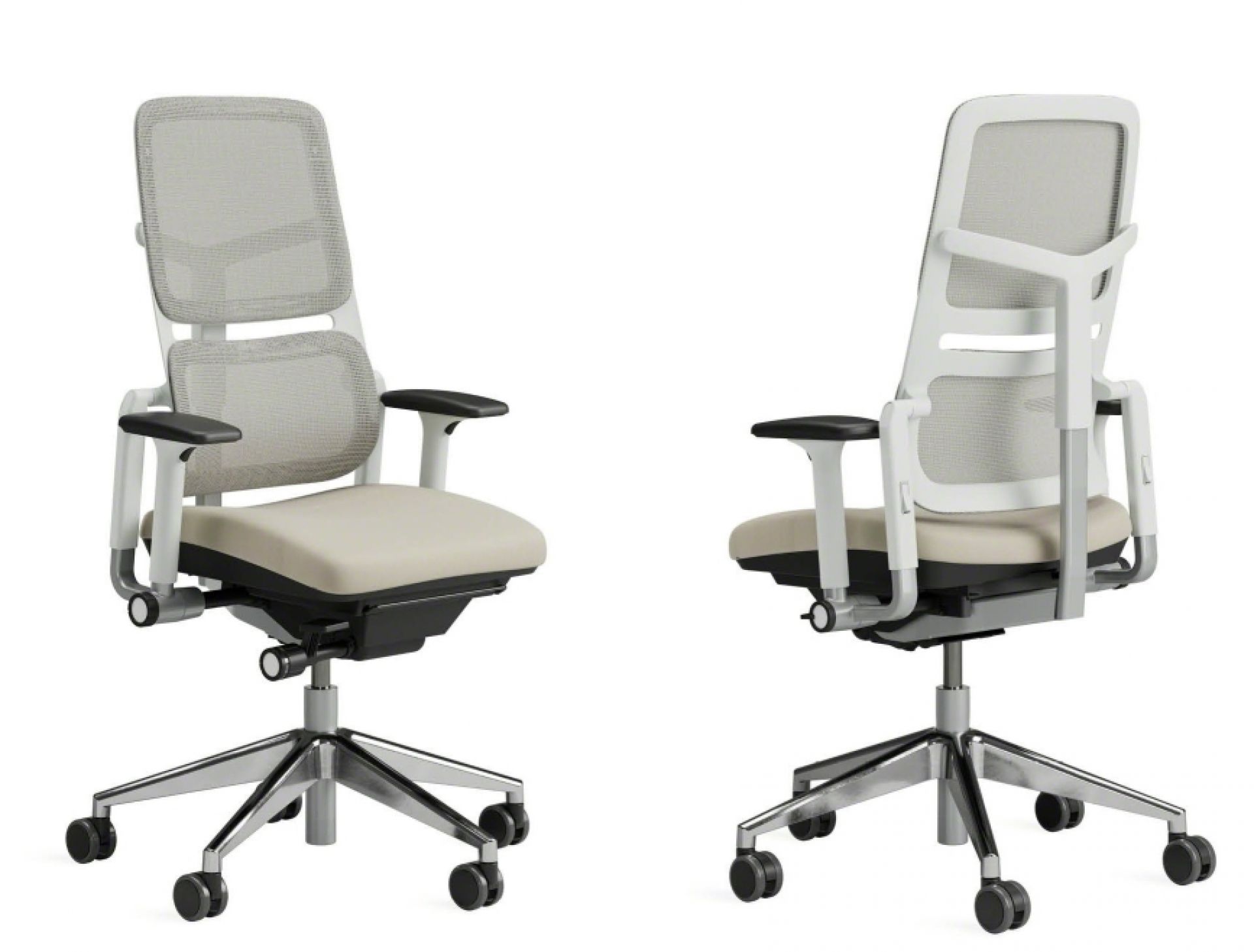 Steelcase Please Air Bürostuhl mit Netzrücken, ergonomisch, höhenverstellbar und mit Rollen, Vorder- und Rückansicht.