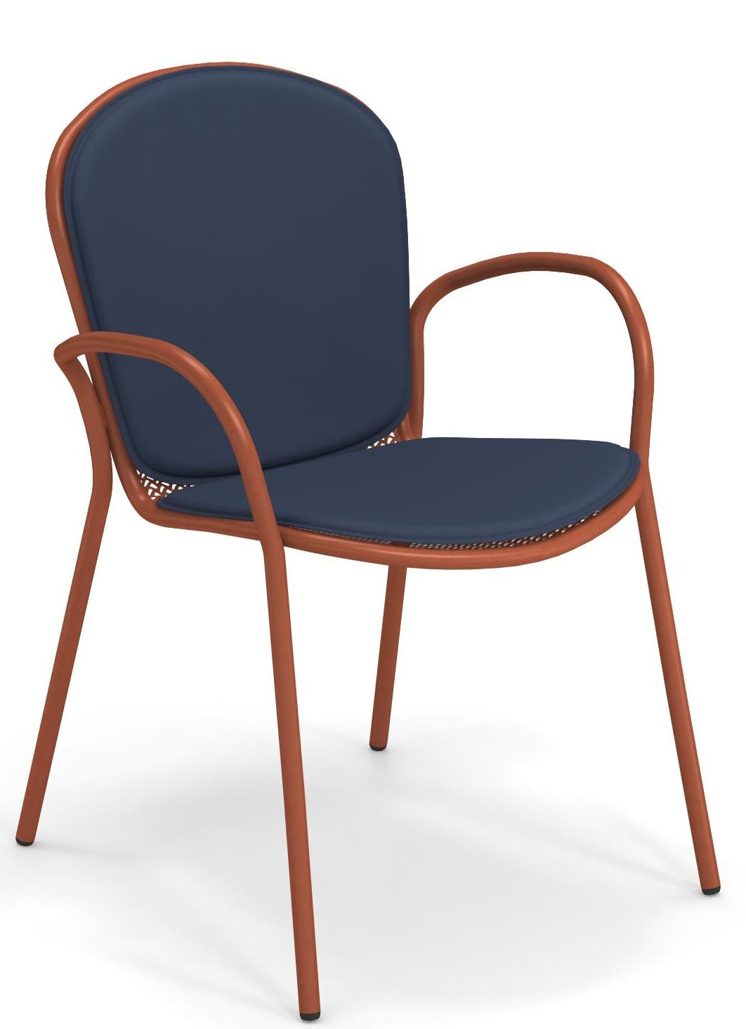 Ronda X Stuhl von Emu für den Außenbereich, braunes Metallgestell und blaue Sitzfläche.