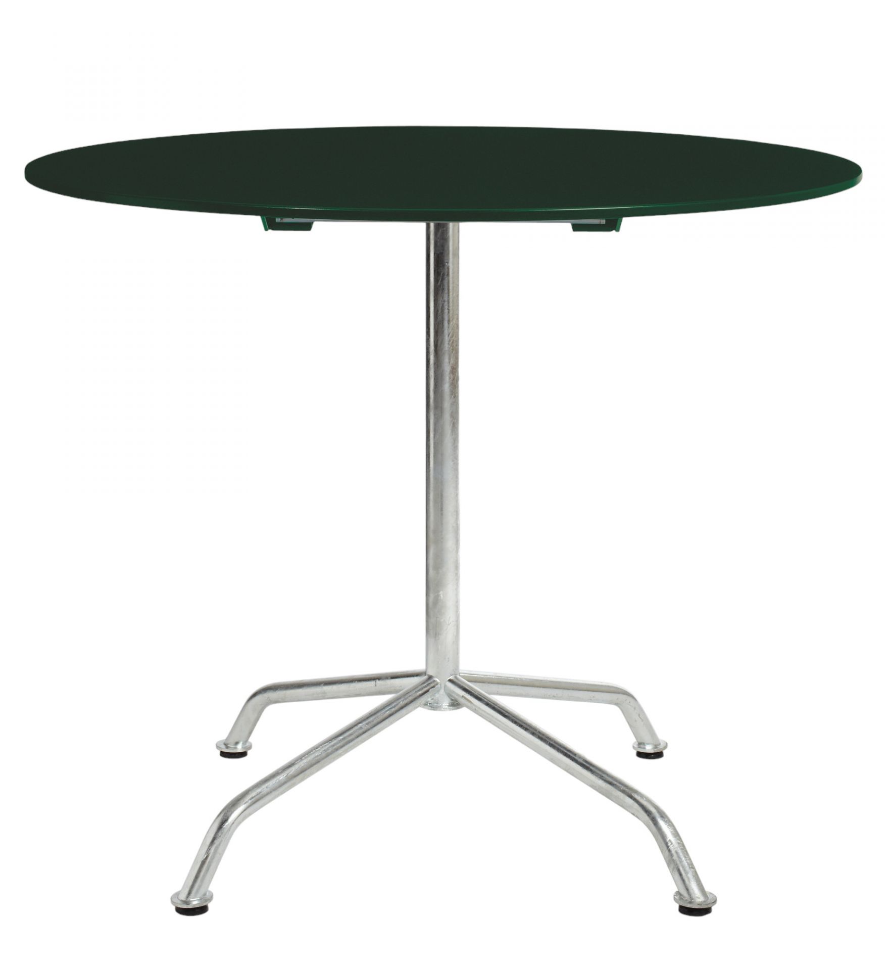 Haefeli Gartentisch Outdoor Ø 90 cm von Embru mit runder, grüner Tischplatte und Metallgestell.