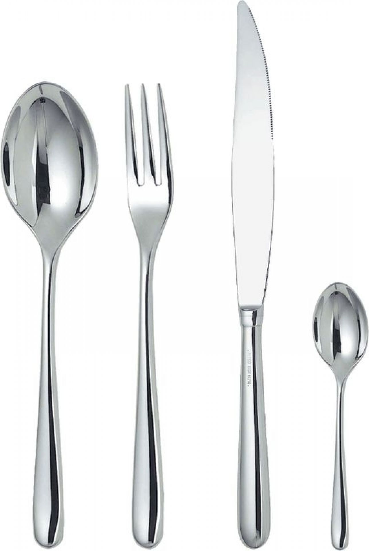 Alessi Caccia Besteck: Messer, Gabel, großer und kleiner Löffel aus glänzendem Edelstahl.