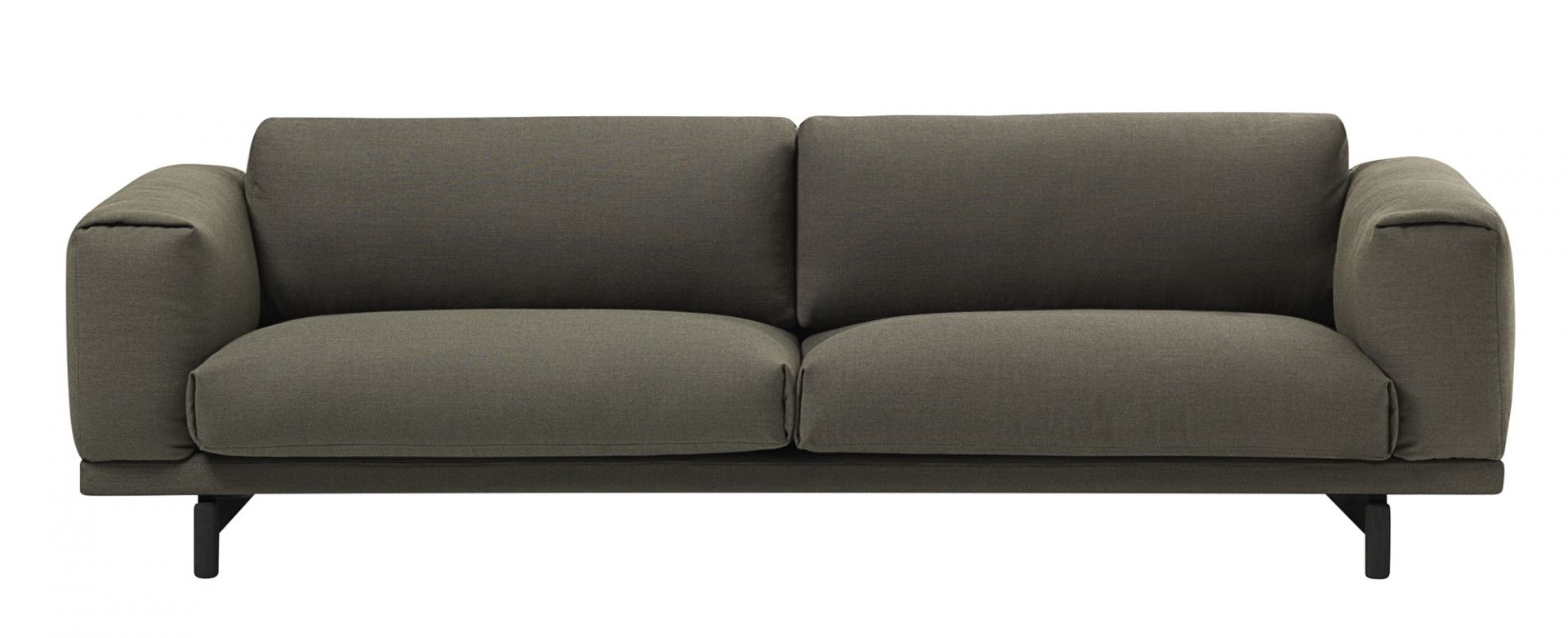 Muuto Rest Sofa, 3-Sitzer, graubraunes Stoffsofa mit minimalistischem Design und schwarzen Holzbeinen für modernes Wohnzimmer.