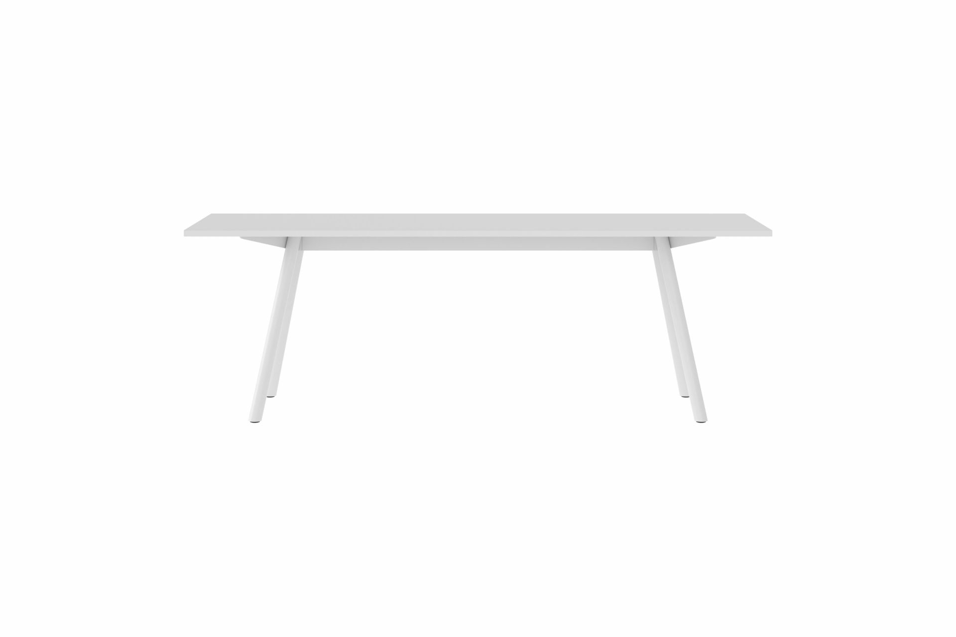 Weiße New Tendency Masa Tischplatte mit minimalistischem Design und vier schrägen Tischbeinen.