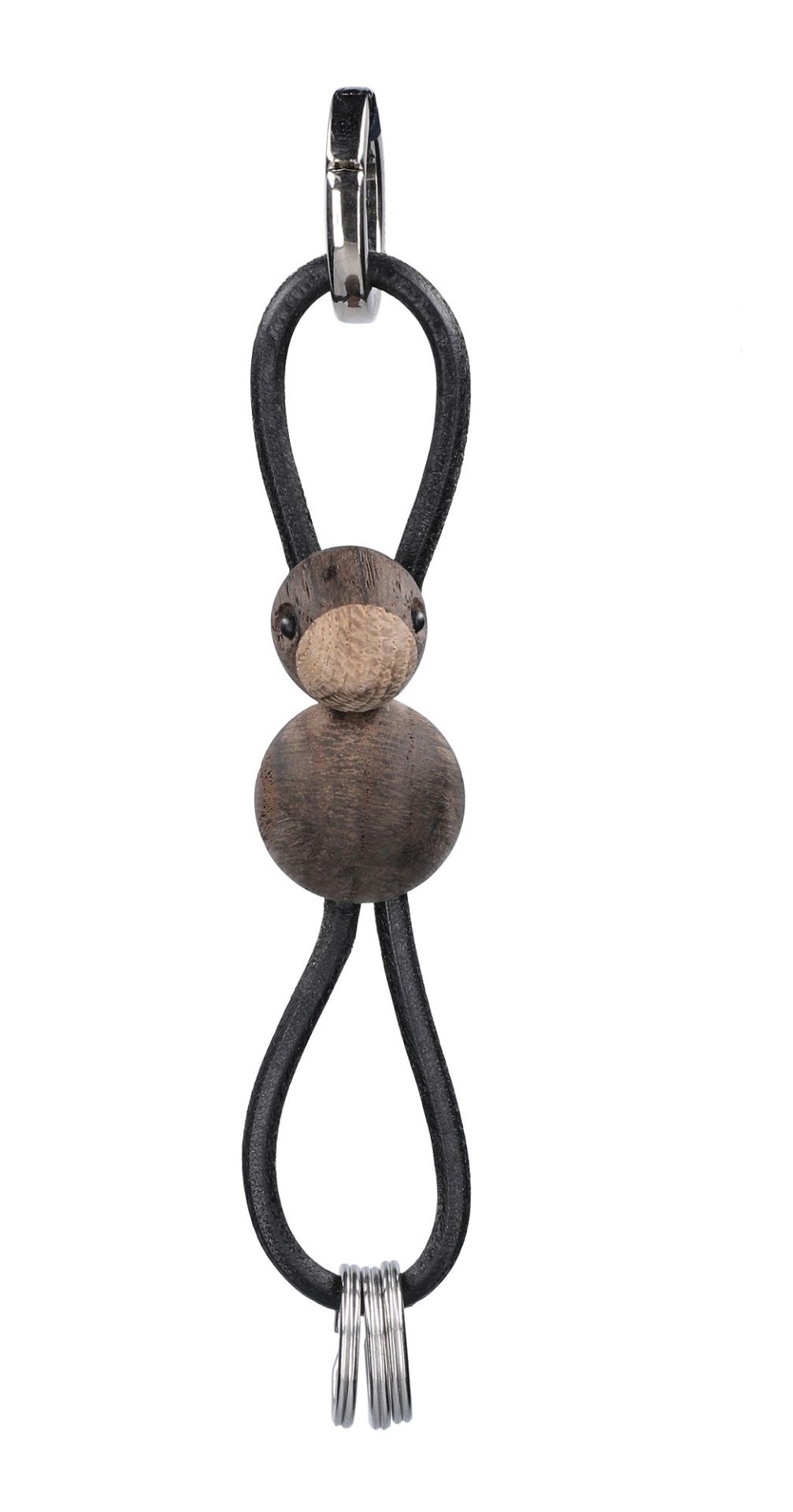 Vogel Eiche Schlüsselanhänger von Kay Bojesen aus silberfarbenem Metall und schwarzem Leder.