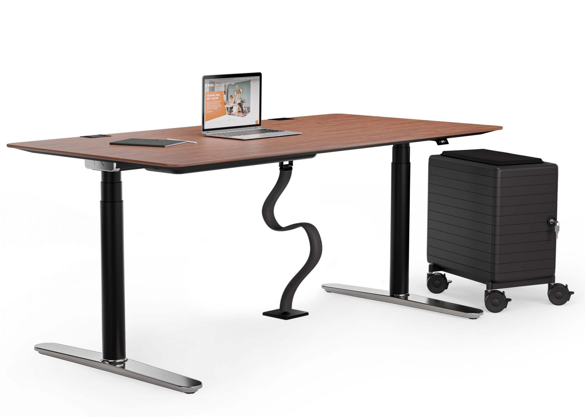 Personalbox Container von König und Neurath neben höhenverstellbarem Schreibtisch mit Laptop und Zubehör.